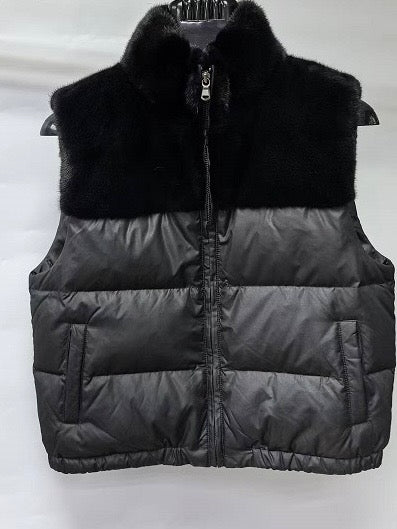BLACK PADDING VEST WITH L.H MINK TRIMMING