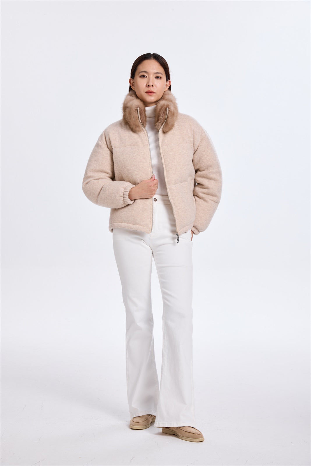 LIGHT BEIGE CASHMERE KNIT PADDED JACKET WITH SABLE COLLAR