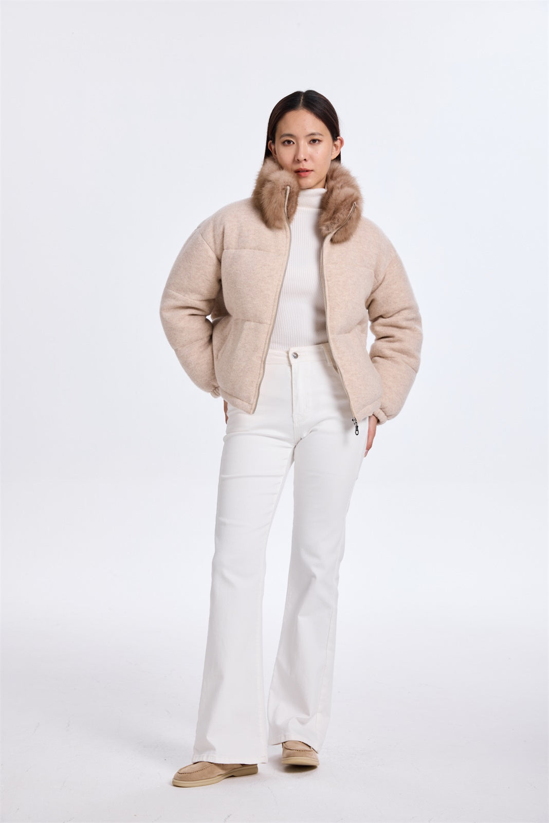 LIGHT BEIGE CASHMERE KNIT PADDED JACKET WITH SABLE COLLAR