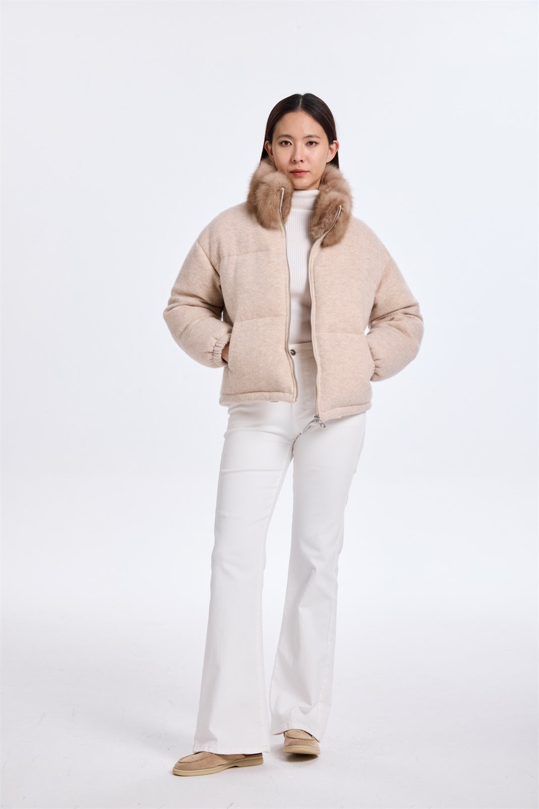 LIGHT BEIGE CASHMERE KNIT PADDED JACKET WITH SABLE COLLAR