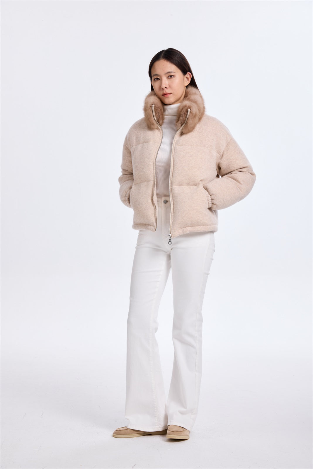 LIGHT BEIGE CASHMERE KNIT PADDED JACKET WITH SABLE COLLAR