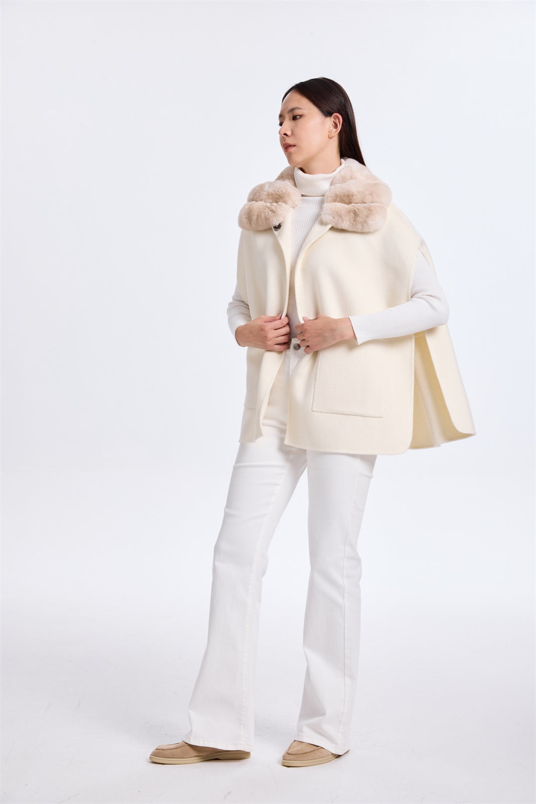 White Cashmere Cape W/ Chinchilla Collar