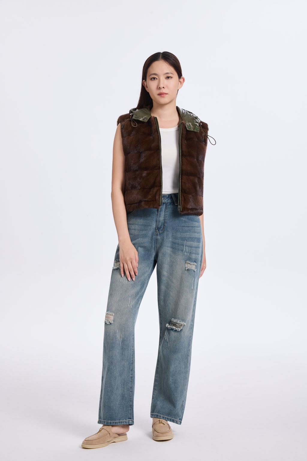 BROWN MINK VEST WITH KHAKI GREEN REV. FABRIC