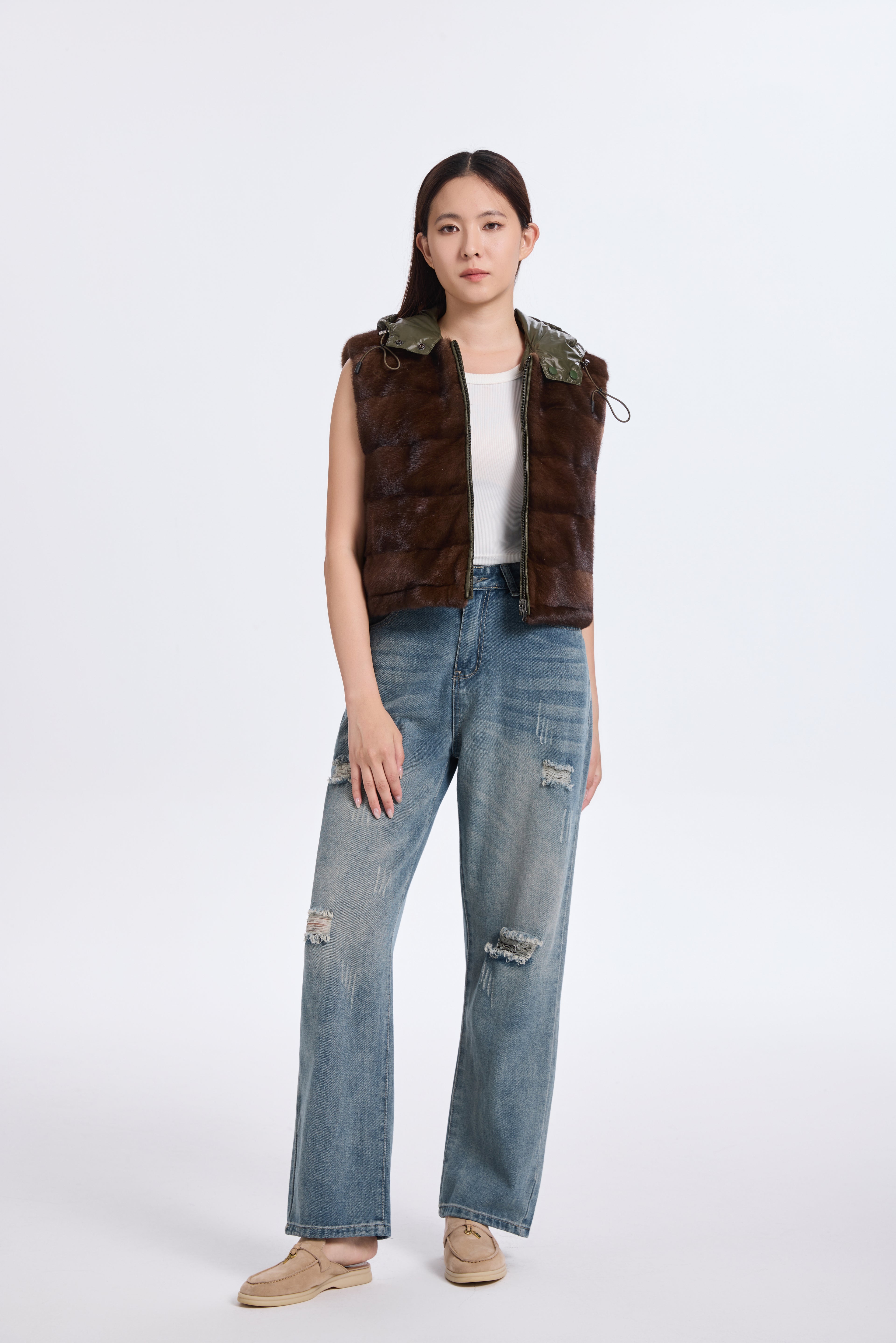 BROWN MINK VEST WITH KHAKI GREEN REV. FABRIC