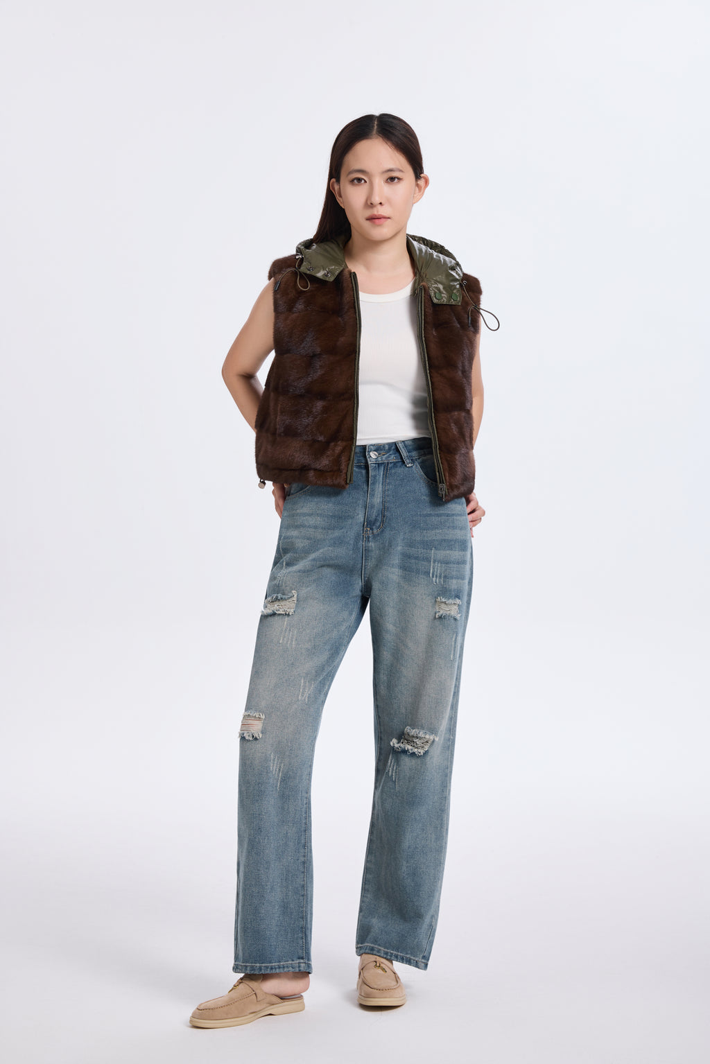 BROWN MINK VEST WITH KHAKI GREEN REV. FABRIC