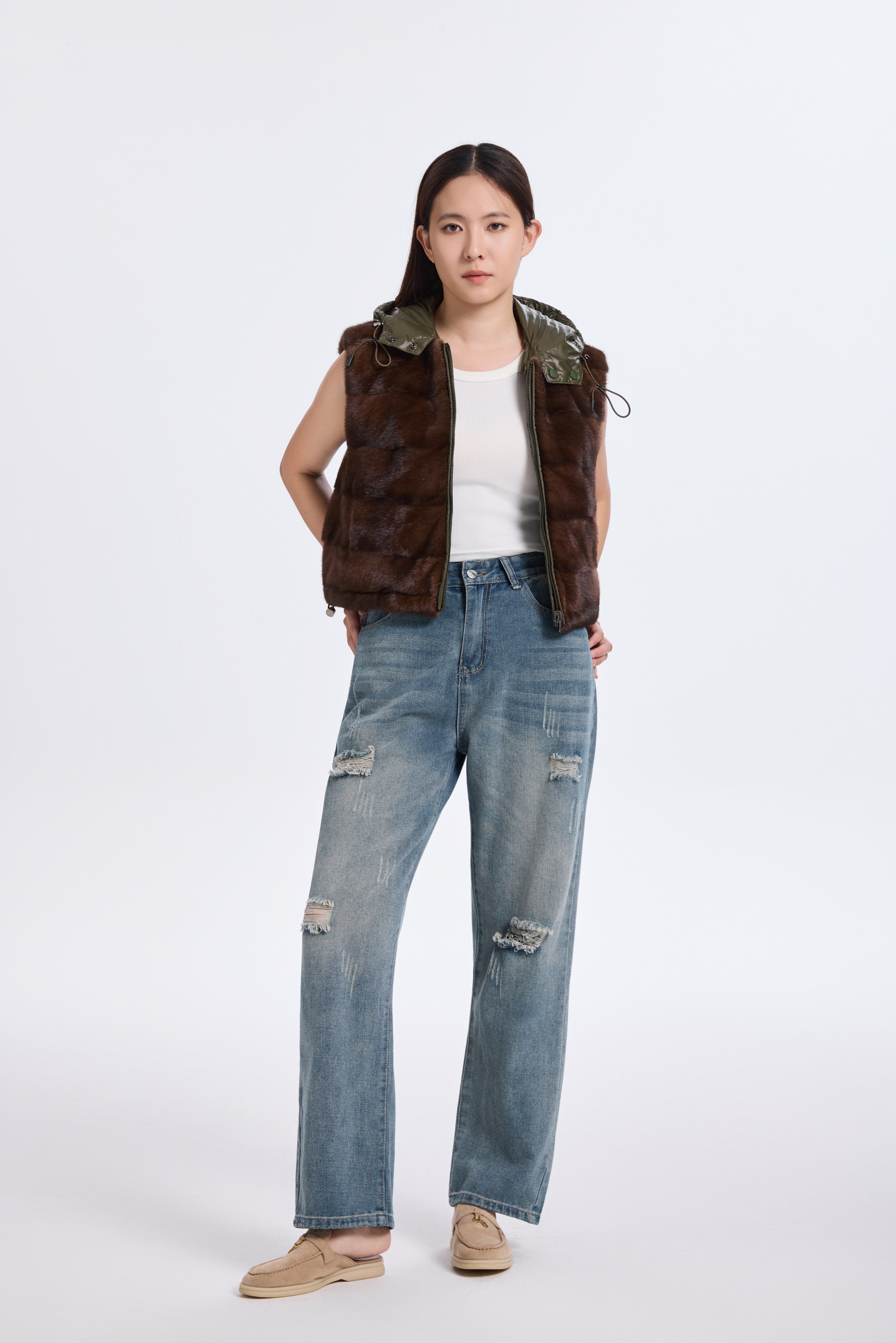 BROWN MINK VEST WITH KHAKI GREEN REV. FABRIC