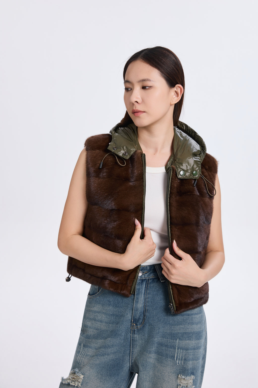 BROWN MINK VEST WITH KHAKI GREEN REV. FABRIC