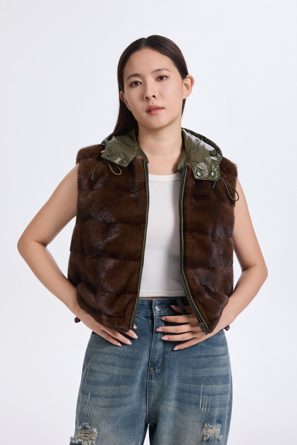 BROWN MINK VEST WITH KHAKI GREEN REV. FABRIC