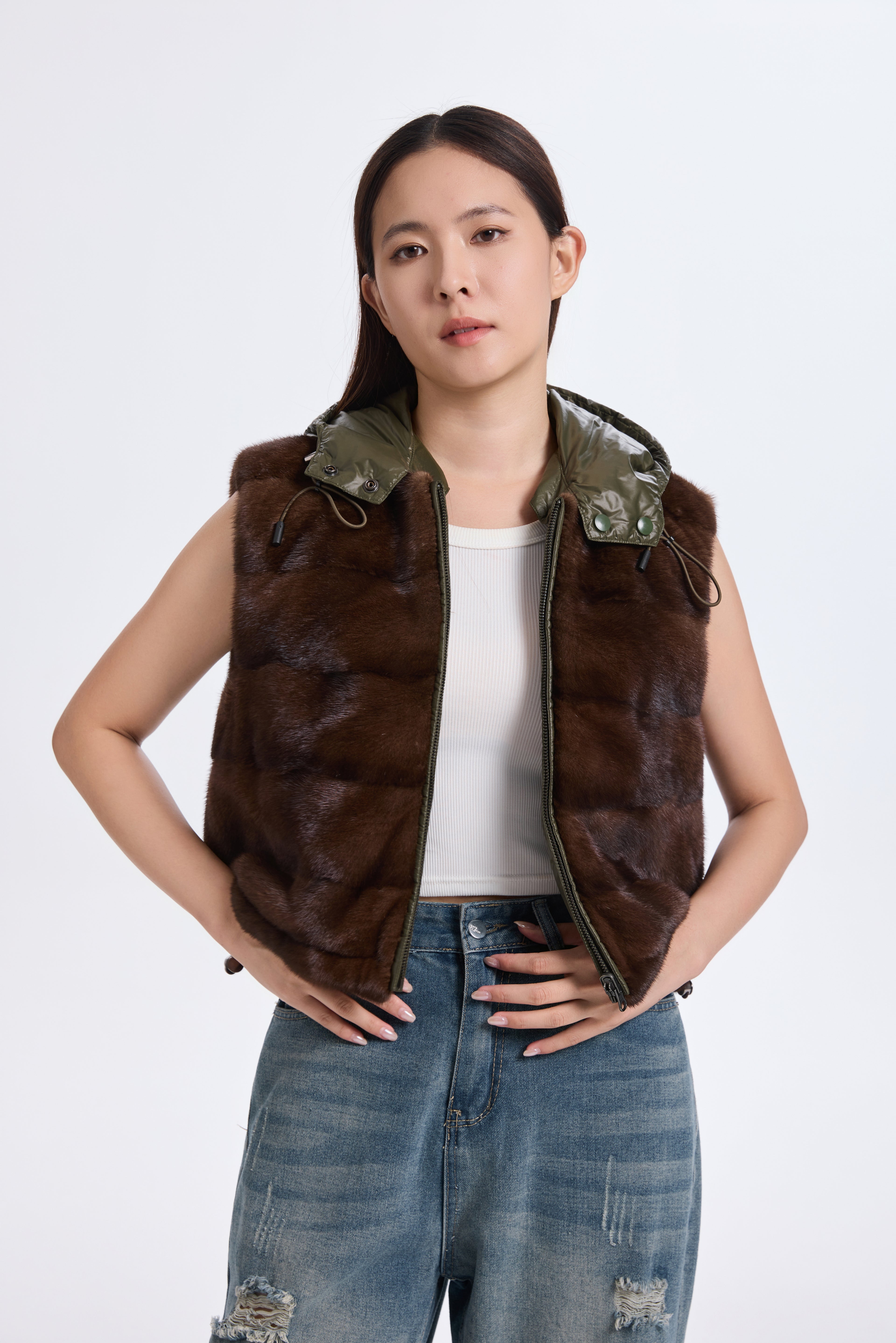 BROWN MINK VEST WITH KHAKI GREEN REV. FABRIC