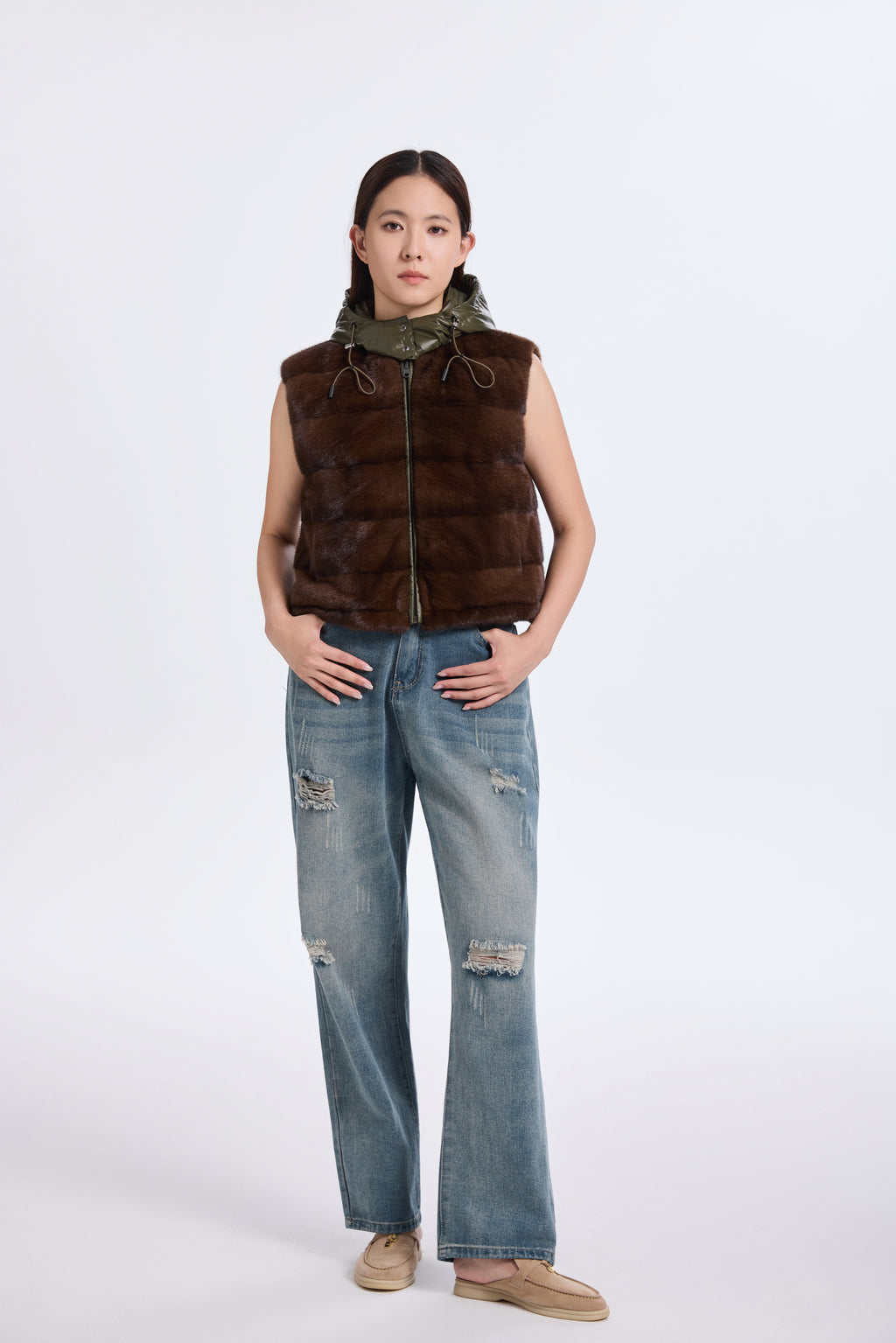 BROWN MINK VEST WITH KHAKI GREEN REV. FABRIC