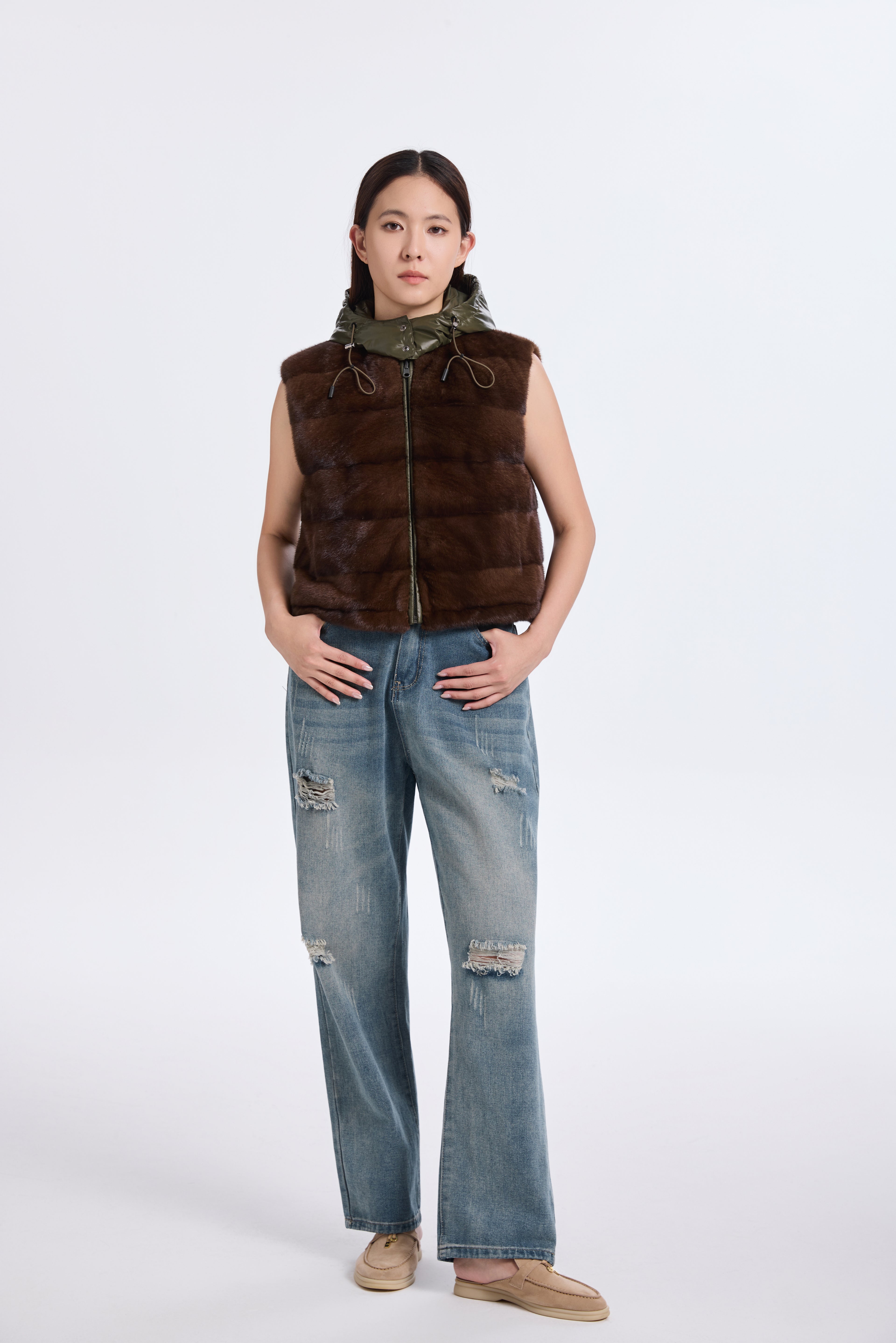 BROWN MINK VEST WITH KHAKI GREEN REV. FABRIC