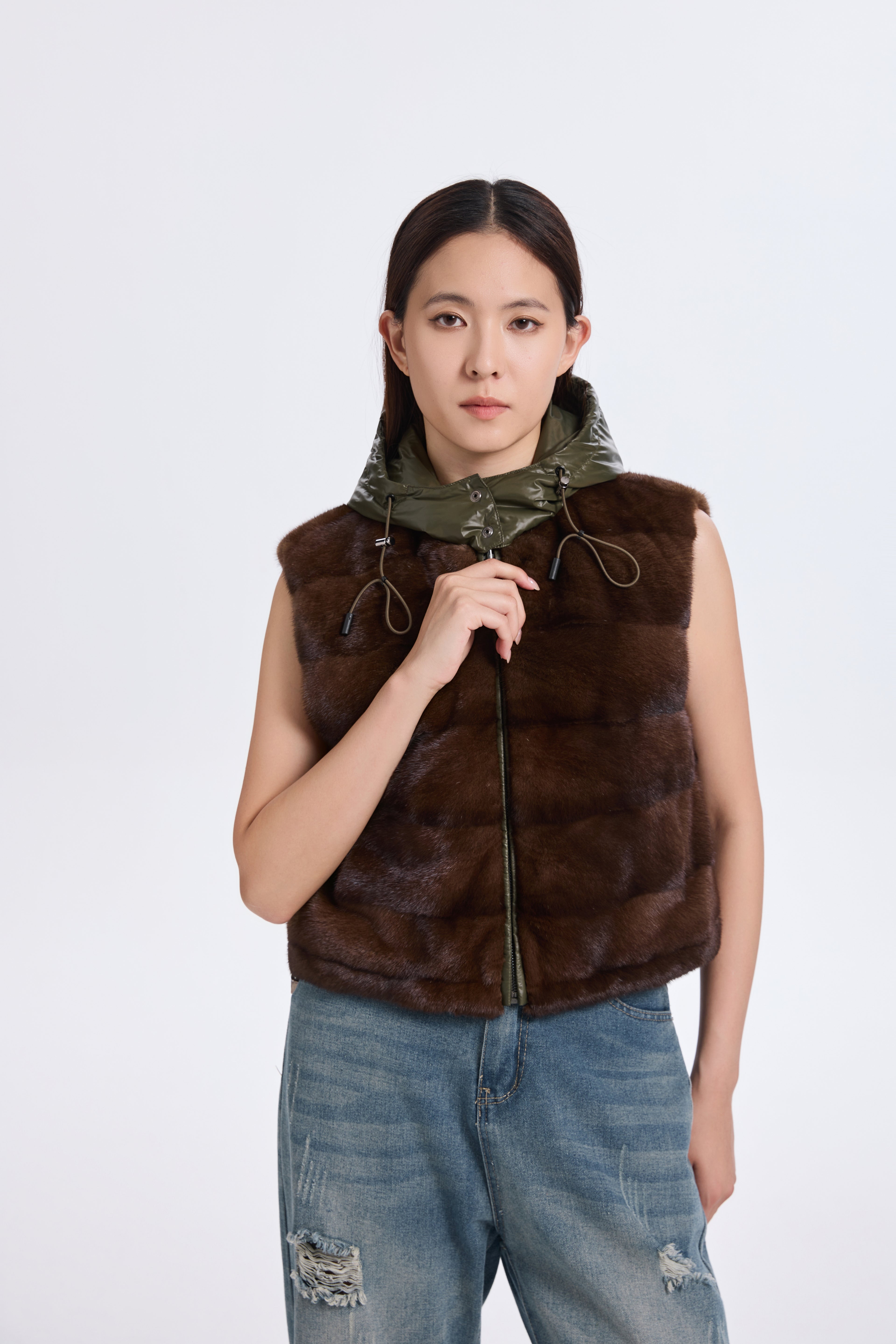 BROWN MINK VEST WITH KHAKI GREEN REV. FABRIC