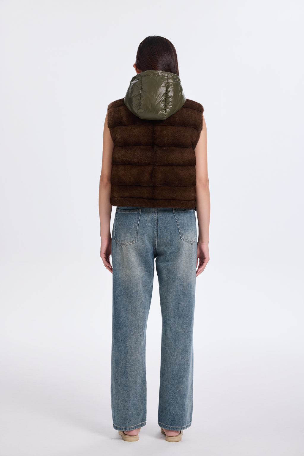 BROWN MINK VEST WITH KHAKI GREEN REV. FABRIC