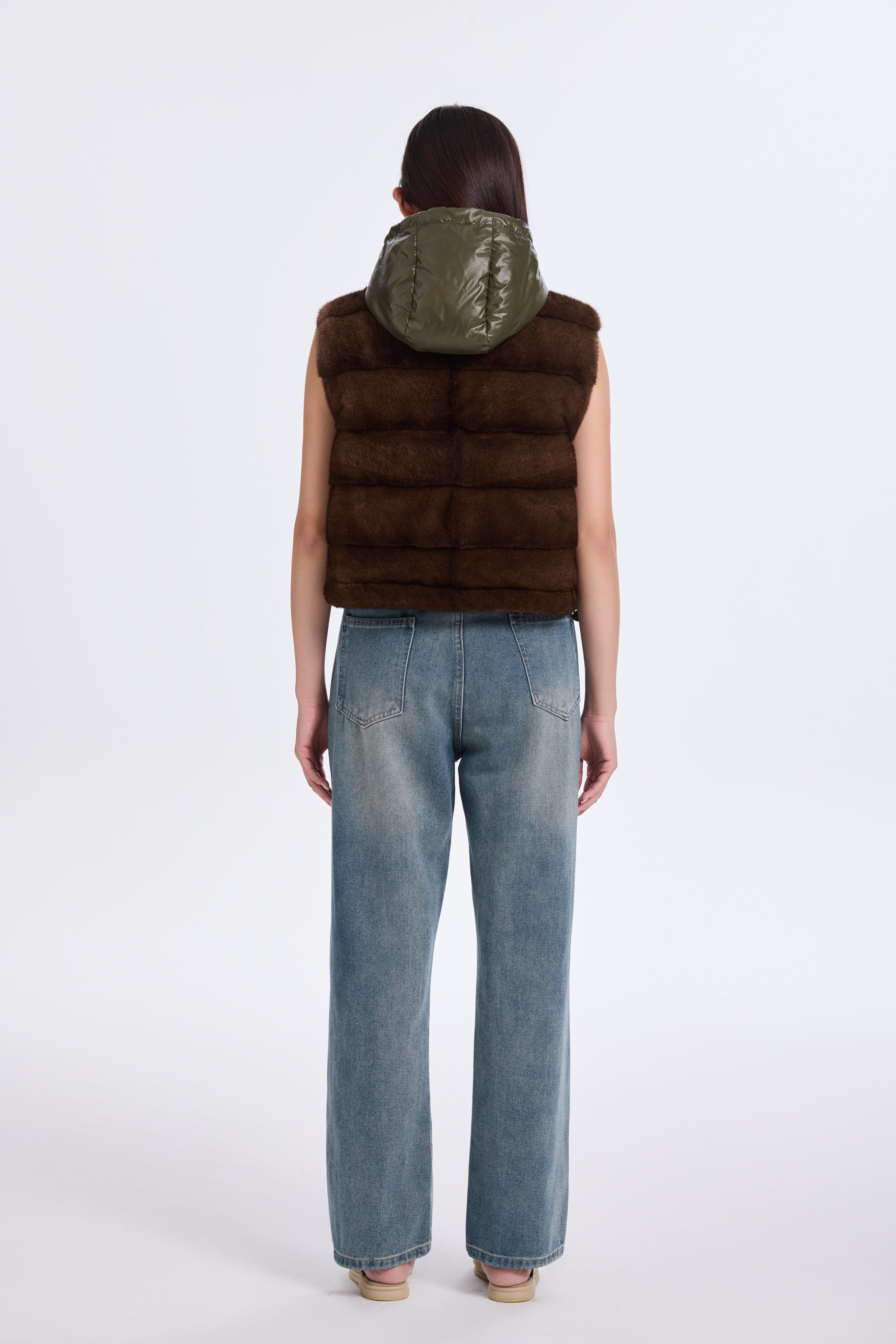 BROWN MINK VEST WITH KHAKI GREEN REV. FABRIC