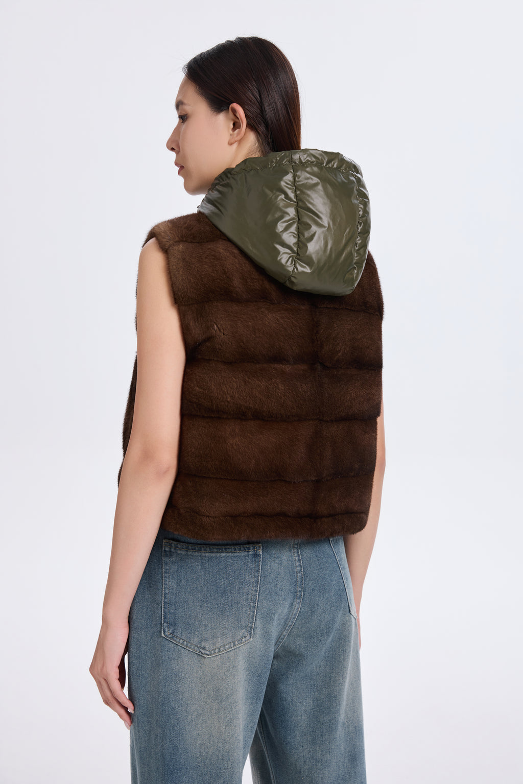 BROWN MINK VEST WITH KHAKI GREEN REV. FABRIC