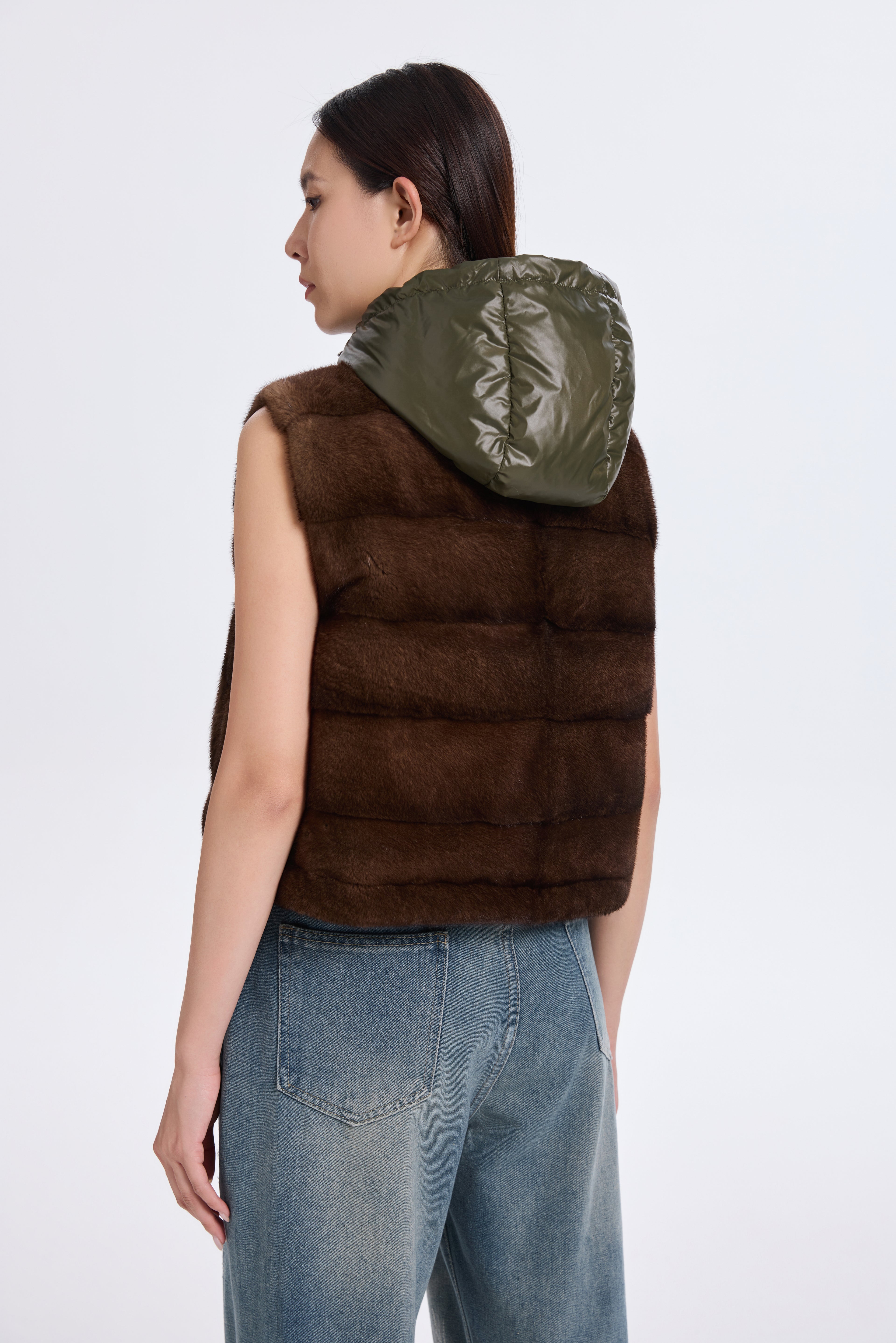 BROWN MINK VEST WITH KHAKI GREEN REV. FABRIC