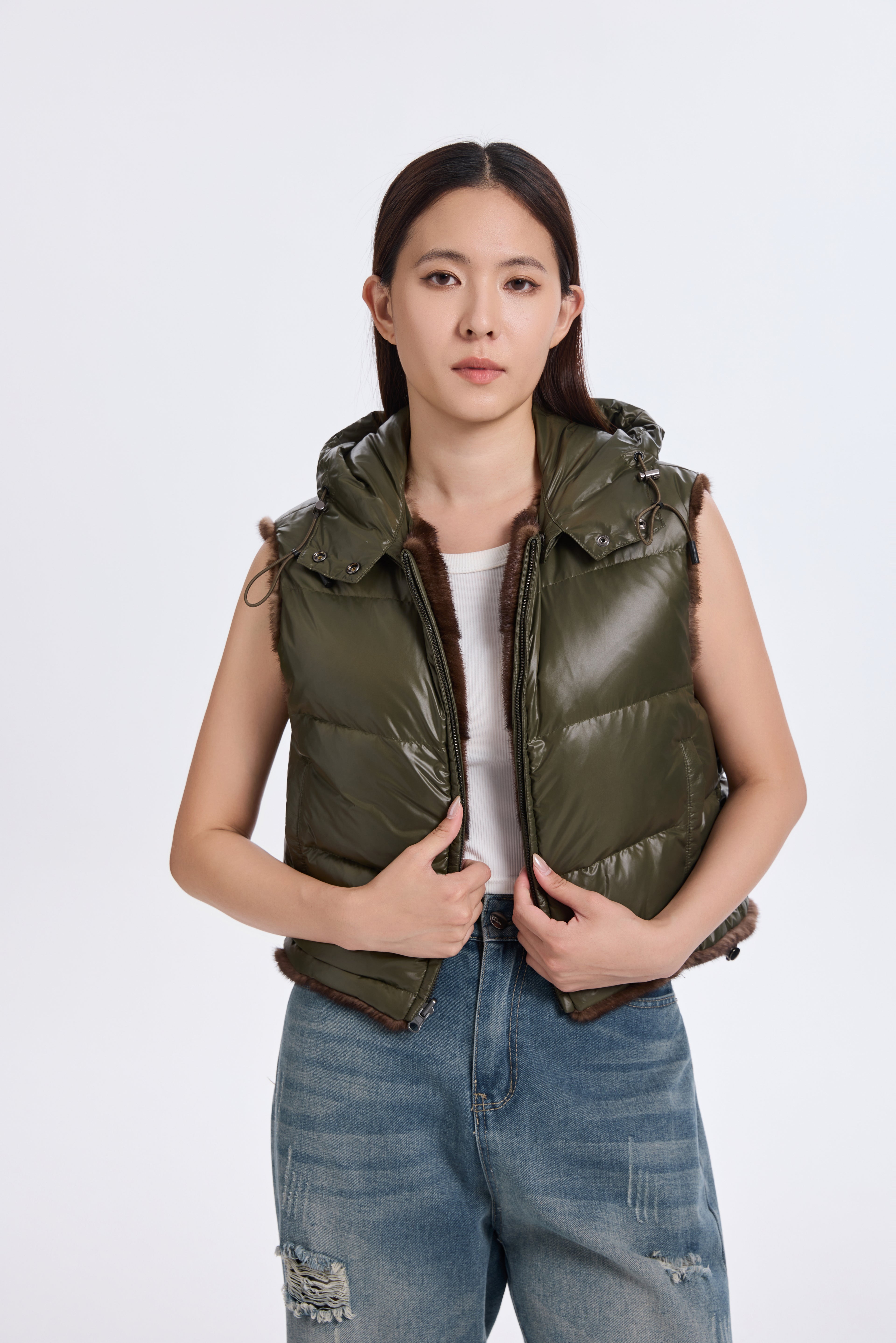 BROWN MINK VEST WITH KHAKI GREEN REV. FABRIC