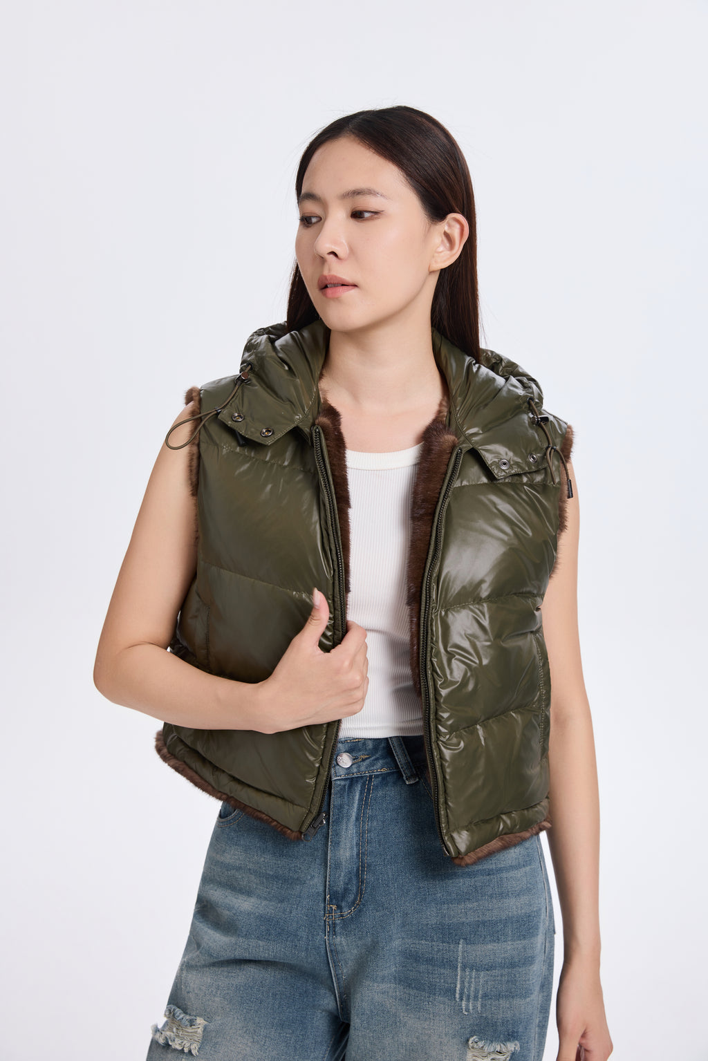 BROWN MINK VEST WITH KHAKI GREEN REV. FABRIC