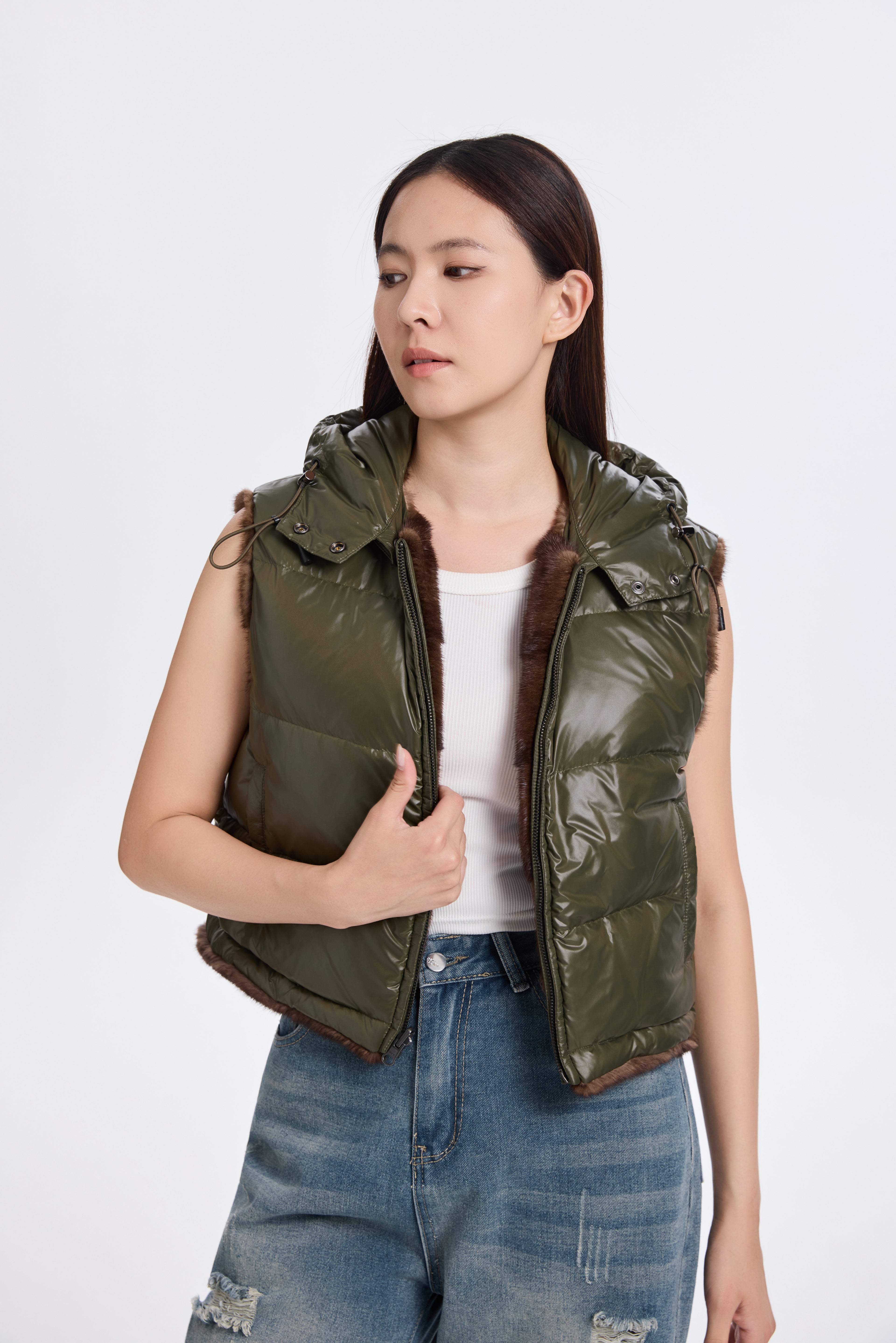 BROWN MINK VEST WITH KHAKI GREEN REV. FABRIC