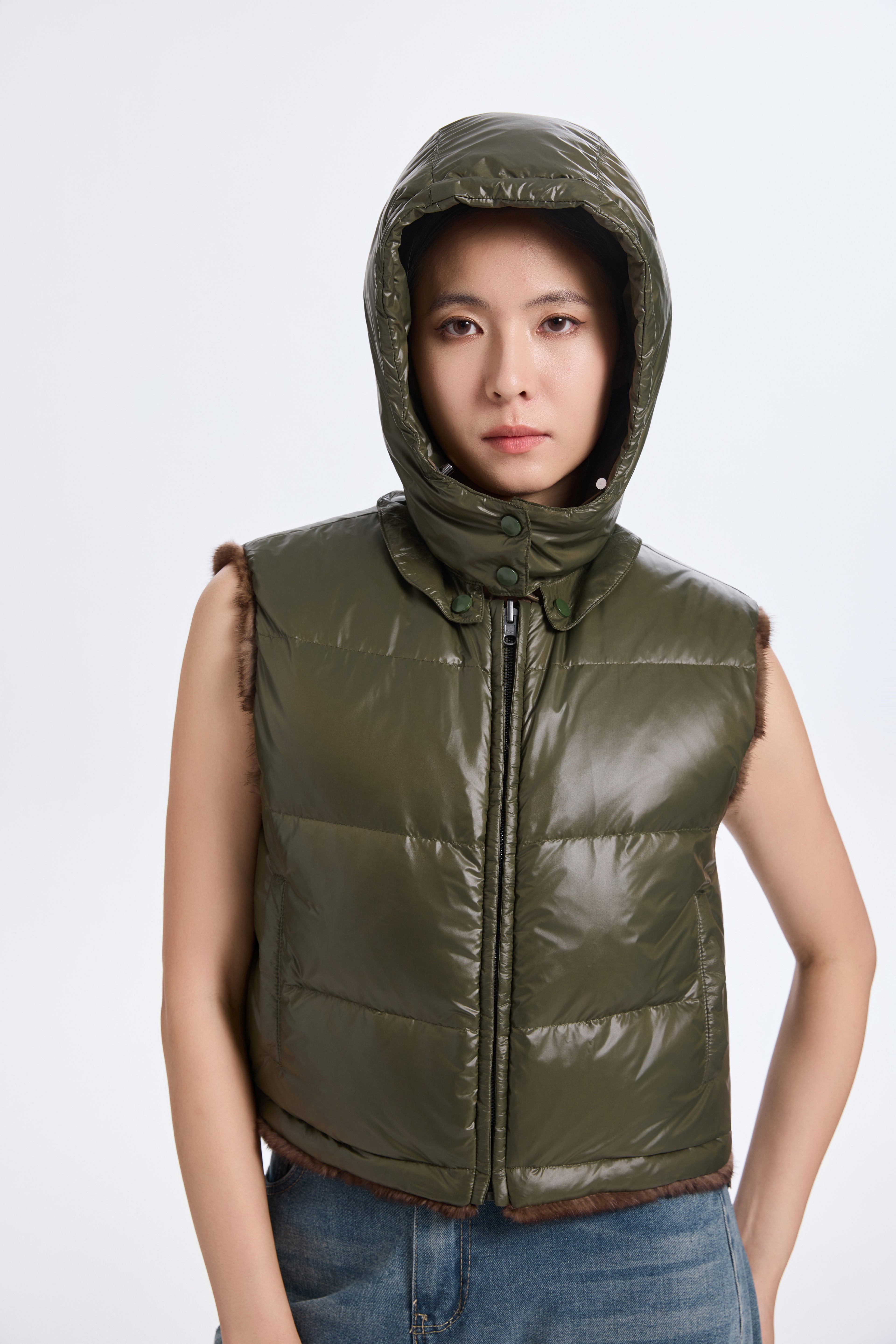 BROWN MINK VEST WITH KHAKI GREEN REV. FABRIC