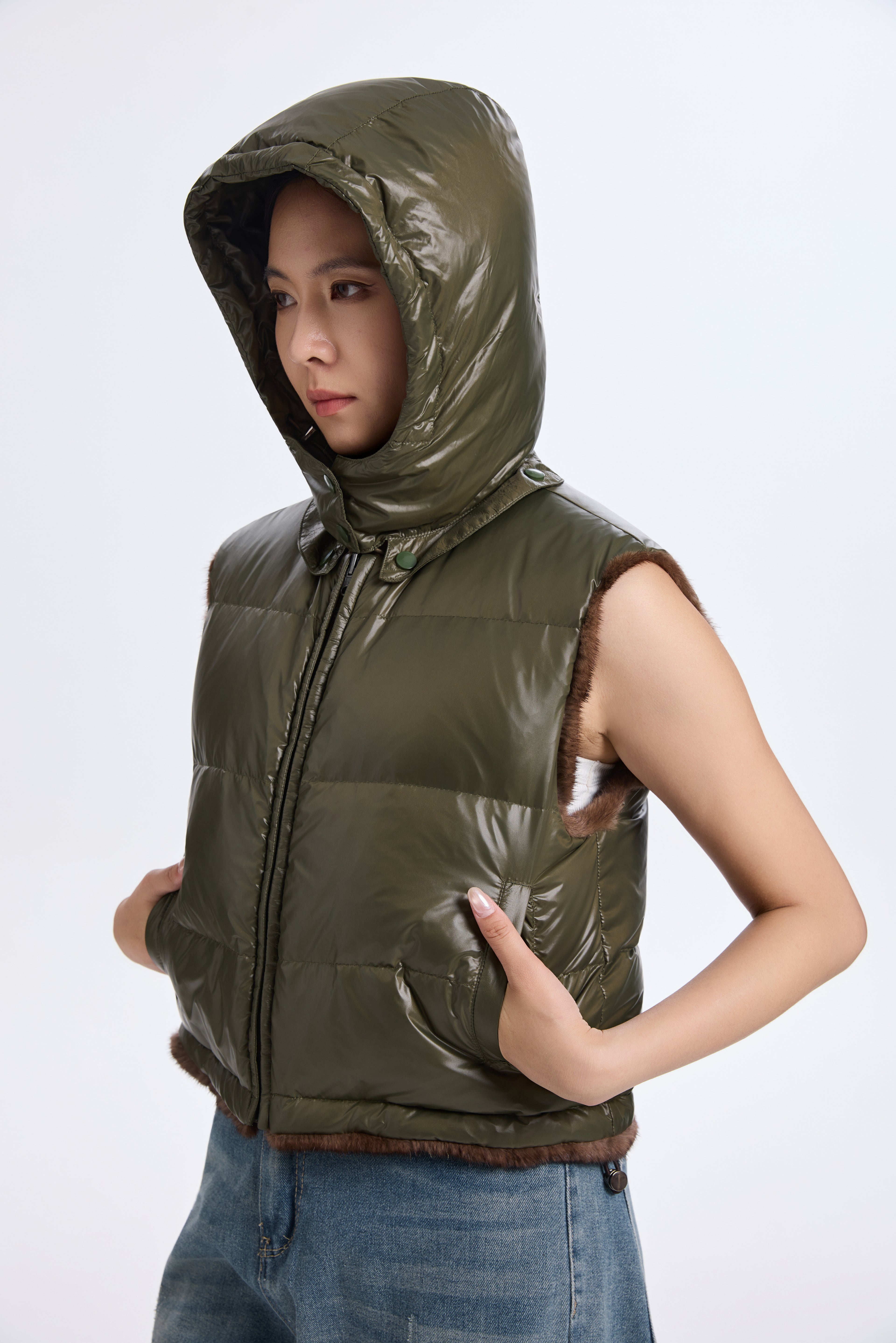 BROWN MINK VEST WITH KHAKI GREEN REV. FABRIC