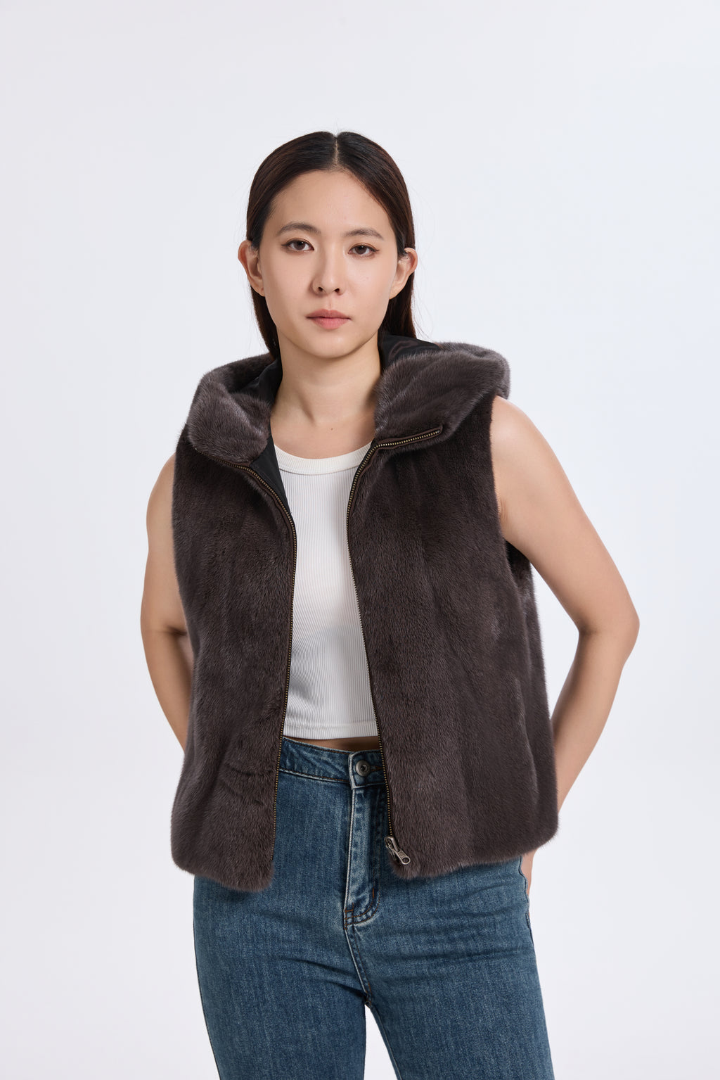 SMOKE PEARL MINK VEST REV. TO TAFFETA