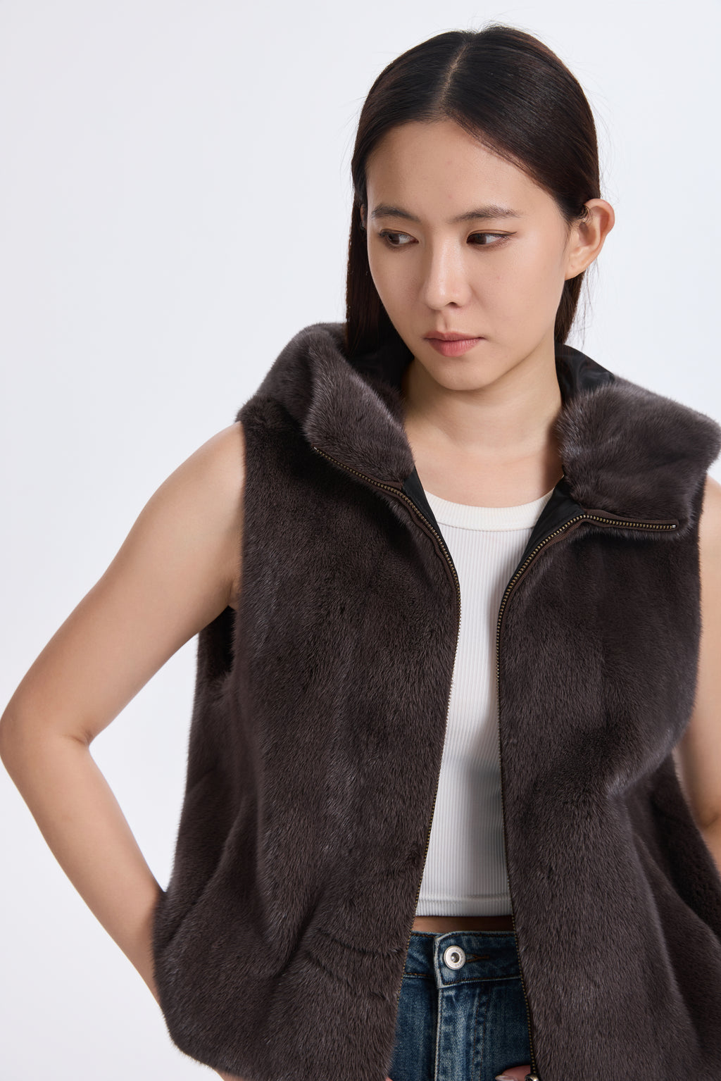 SMOKE PEARL MINK VEST REV. TO TAFFETA
