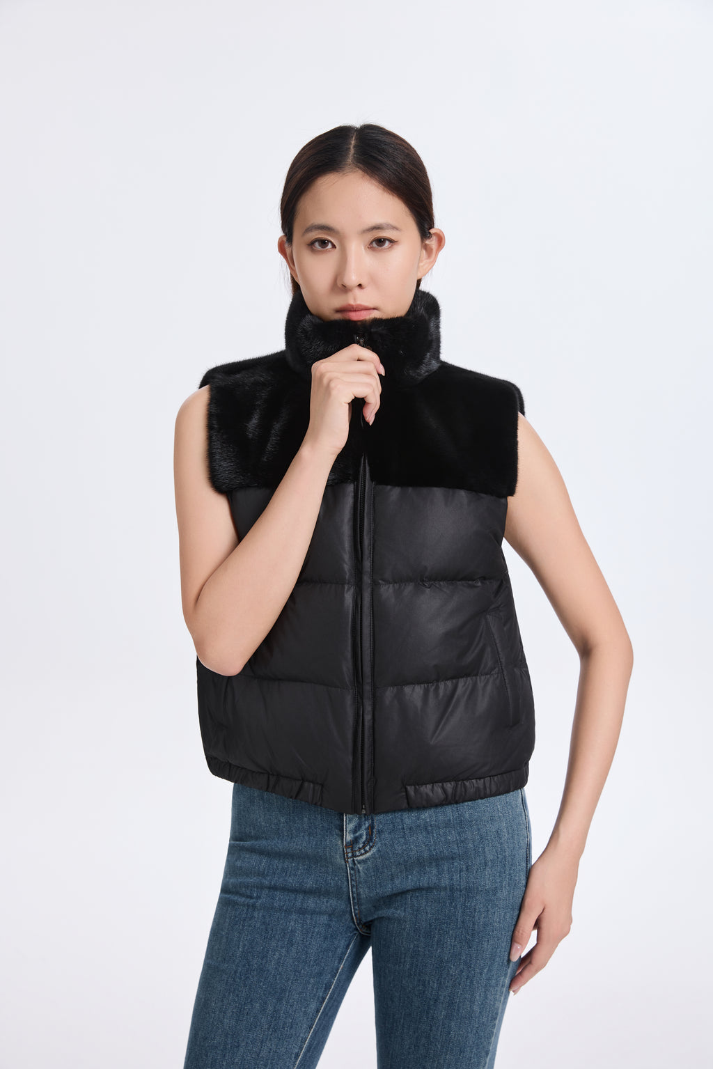 BLACK PADDING VEST WITH L.H MINK TRIMMING