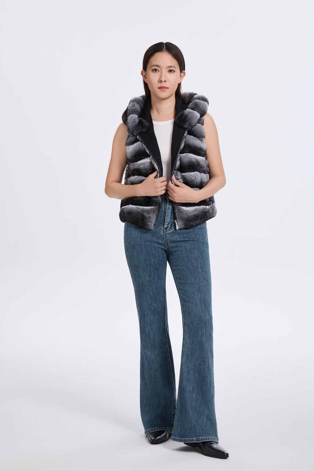 CHINCHILLA VEST WITH HOOD RUFF