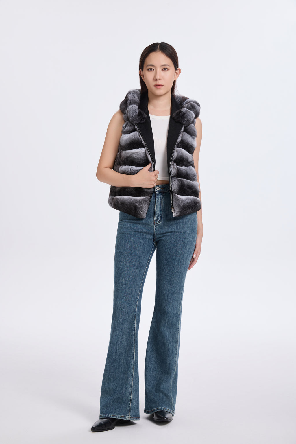 CHINCHILLA VEST WITH HOOD RUFF