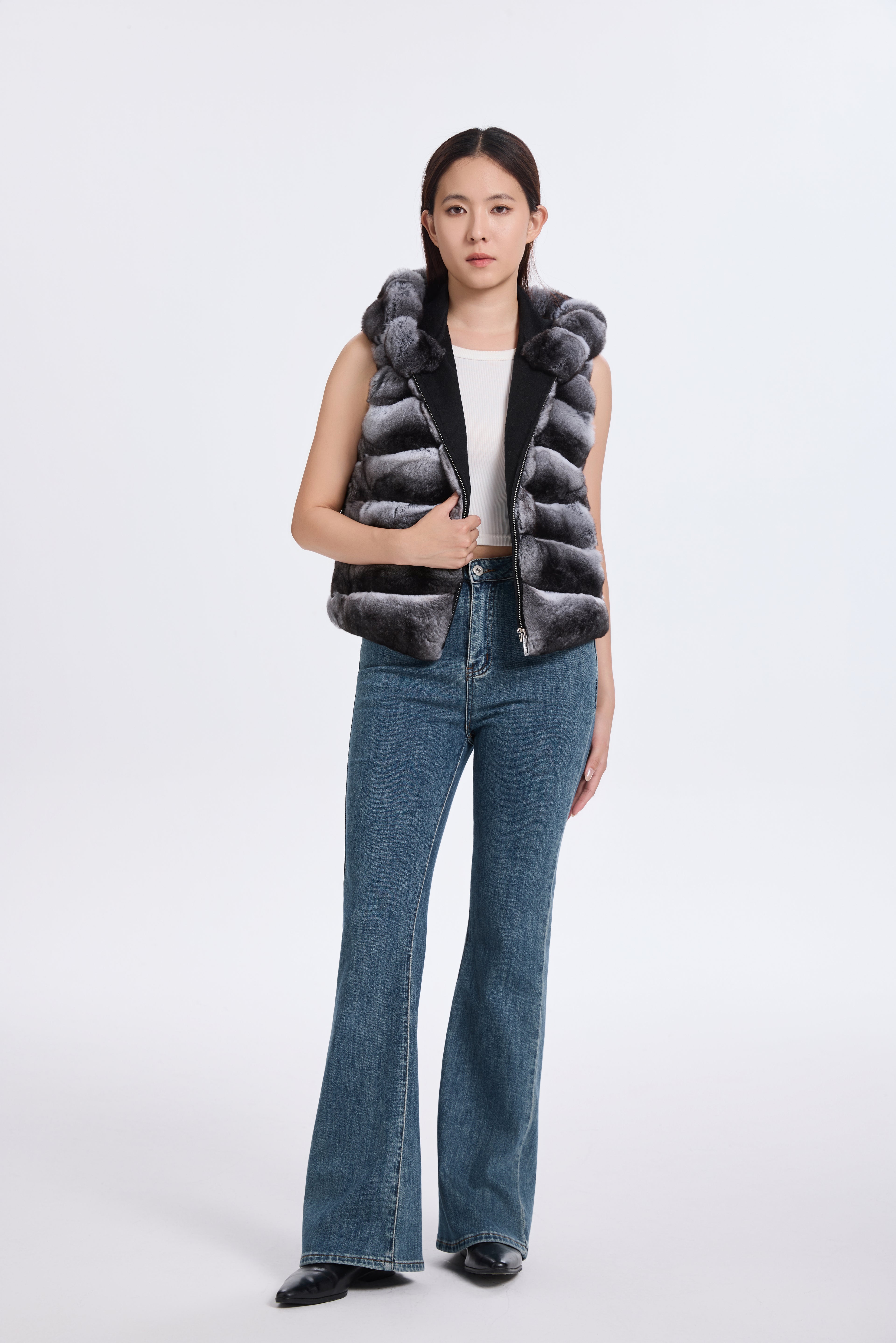 CHINCHILLA VEST WITH HOOD RUFF