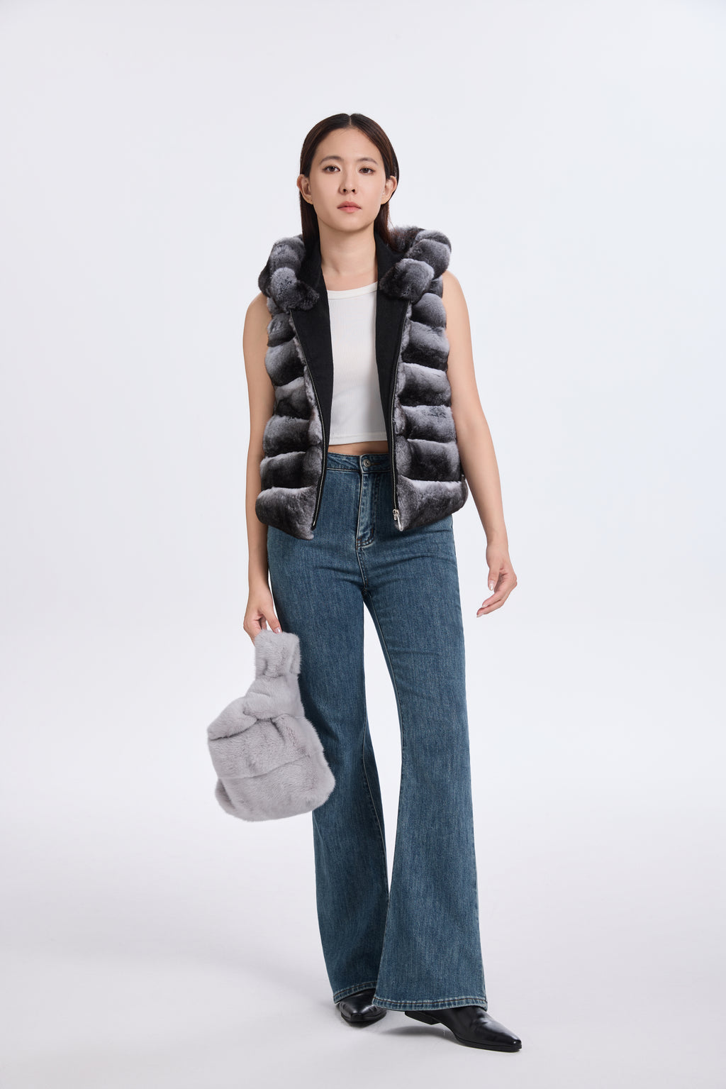 CHINCHILLA VEST WITH HOOD RUFF