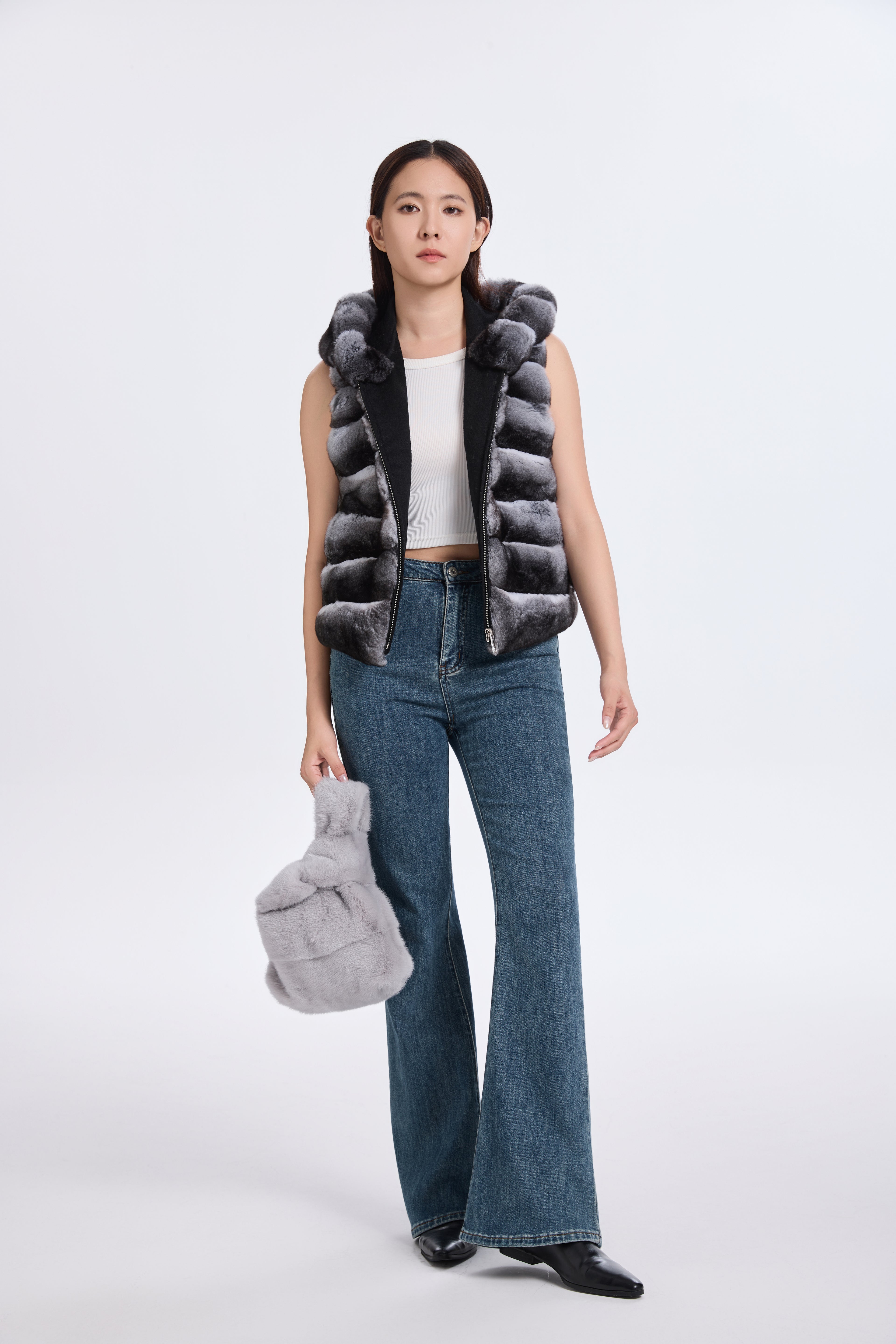 CHINCHILLA VEST WITH HOOD RUFF