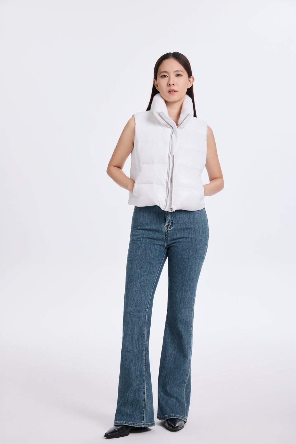 White Down Vest With  DTM Mink Collar