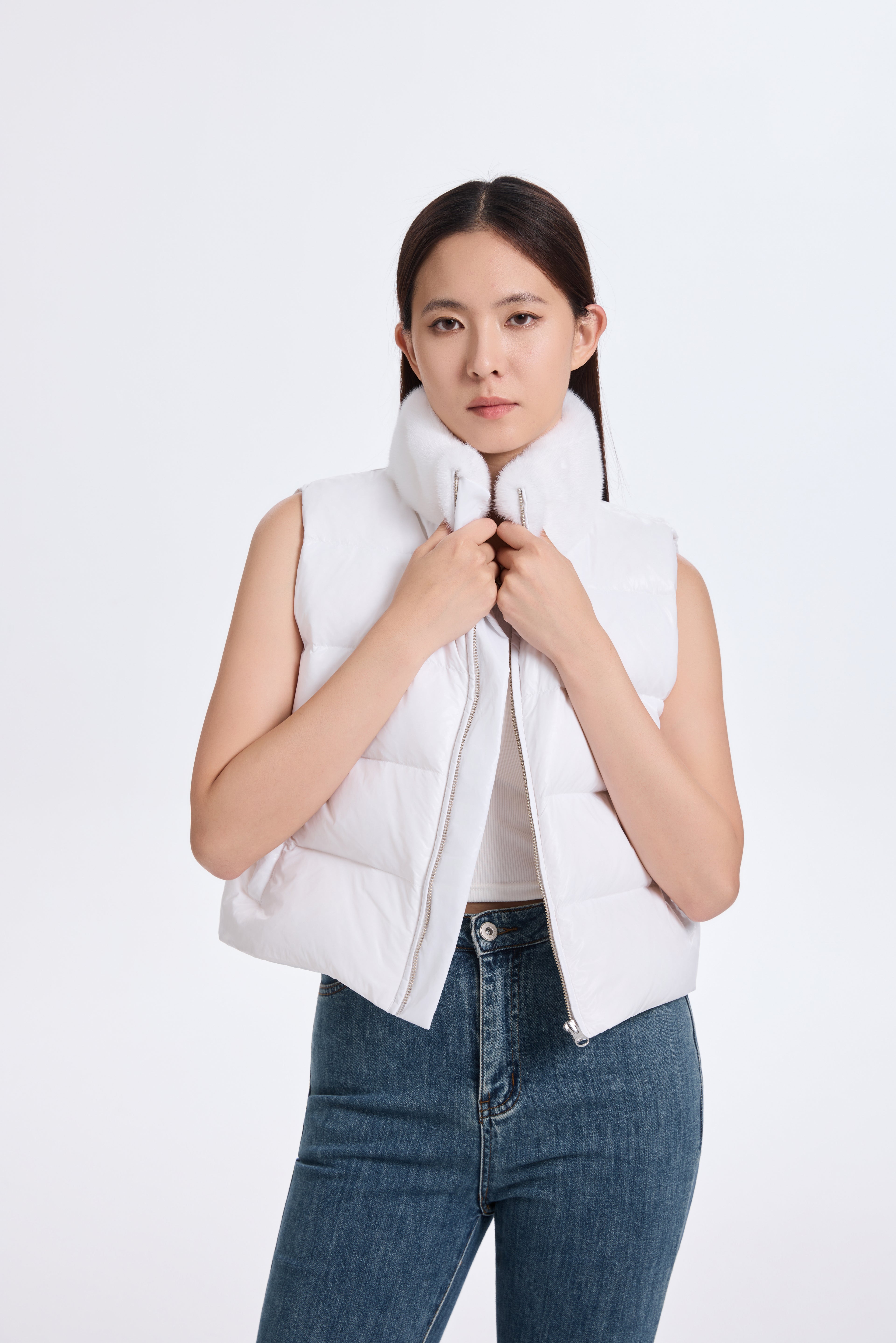 White Down Vest With  DTM Mink Collar