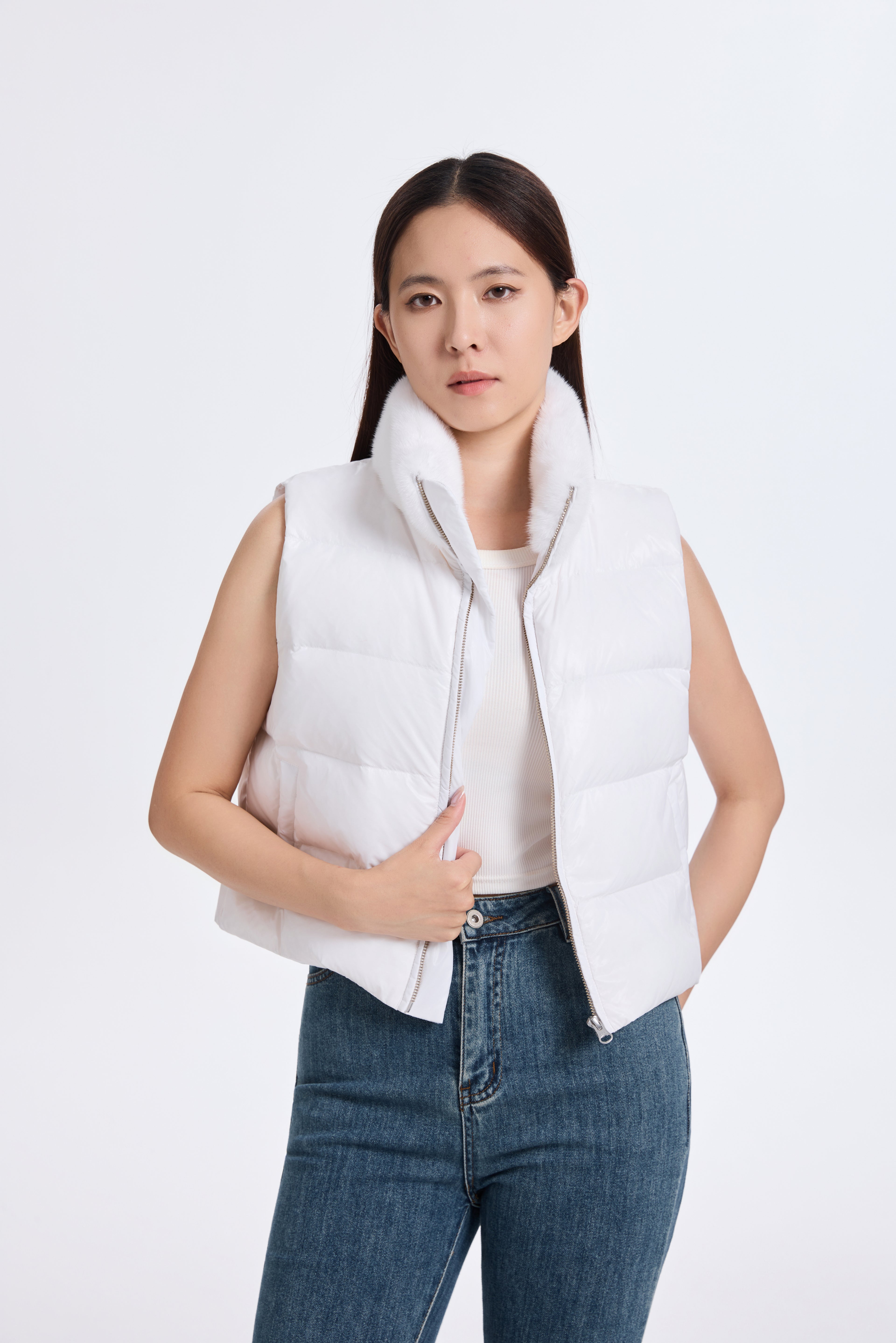 White Down Vest With  DTM Mink Collar