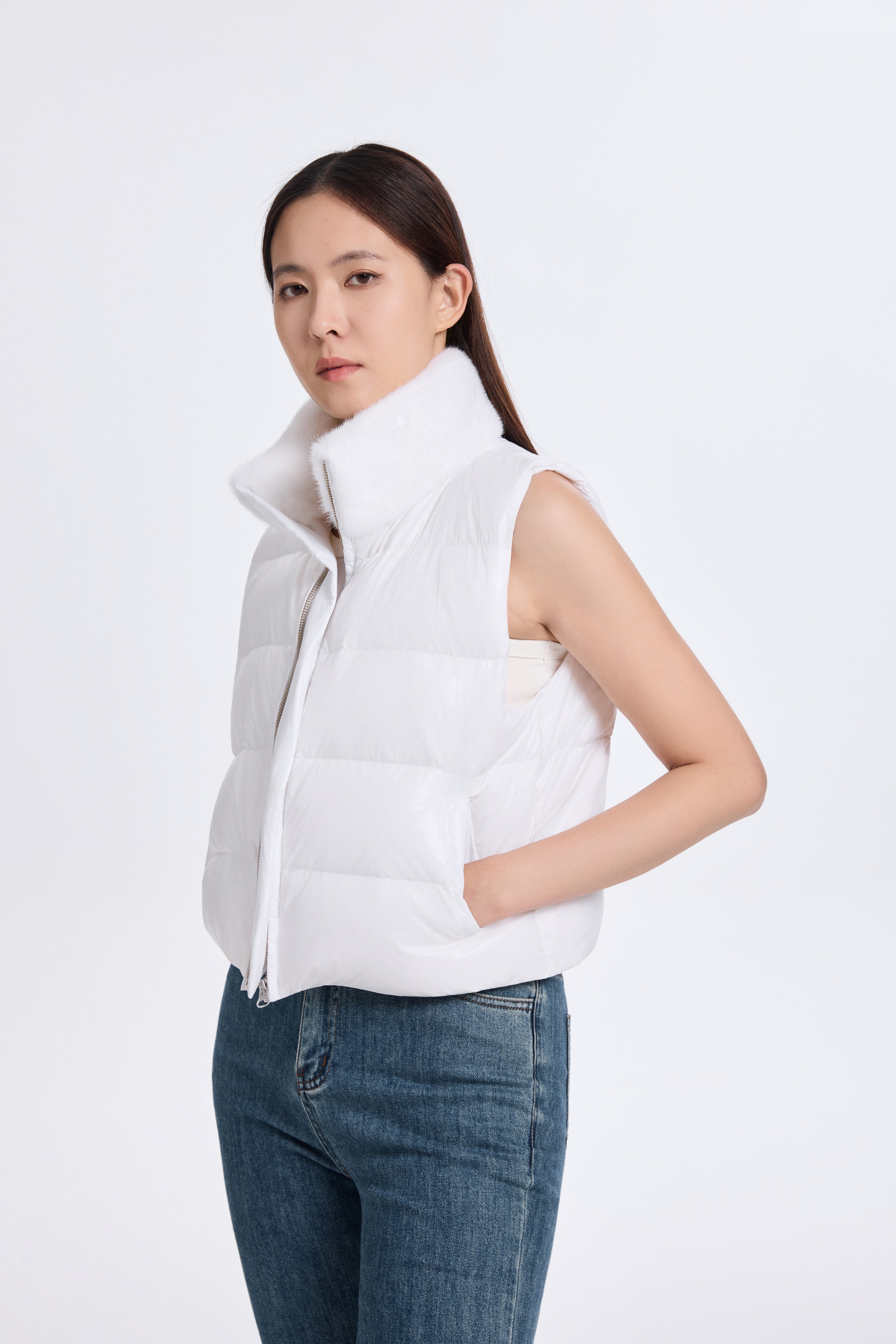 White Down Vest With  DTM Mink Collar