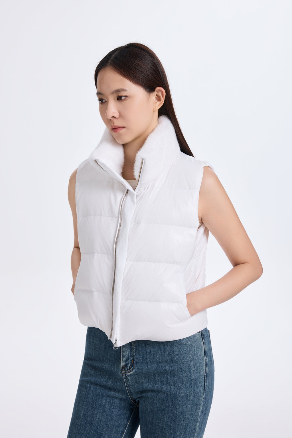White Down Vest With  DTM Mink Collar