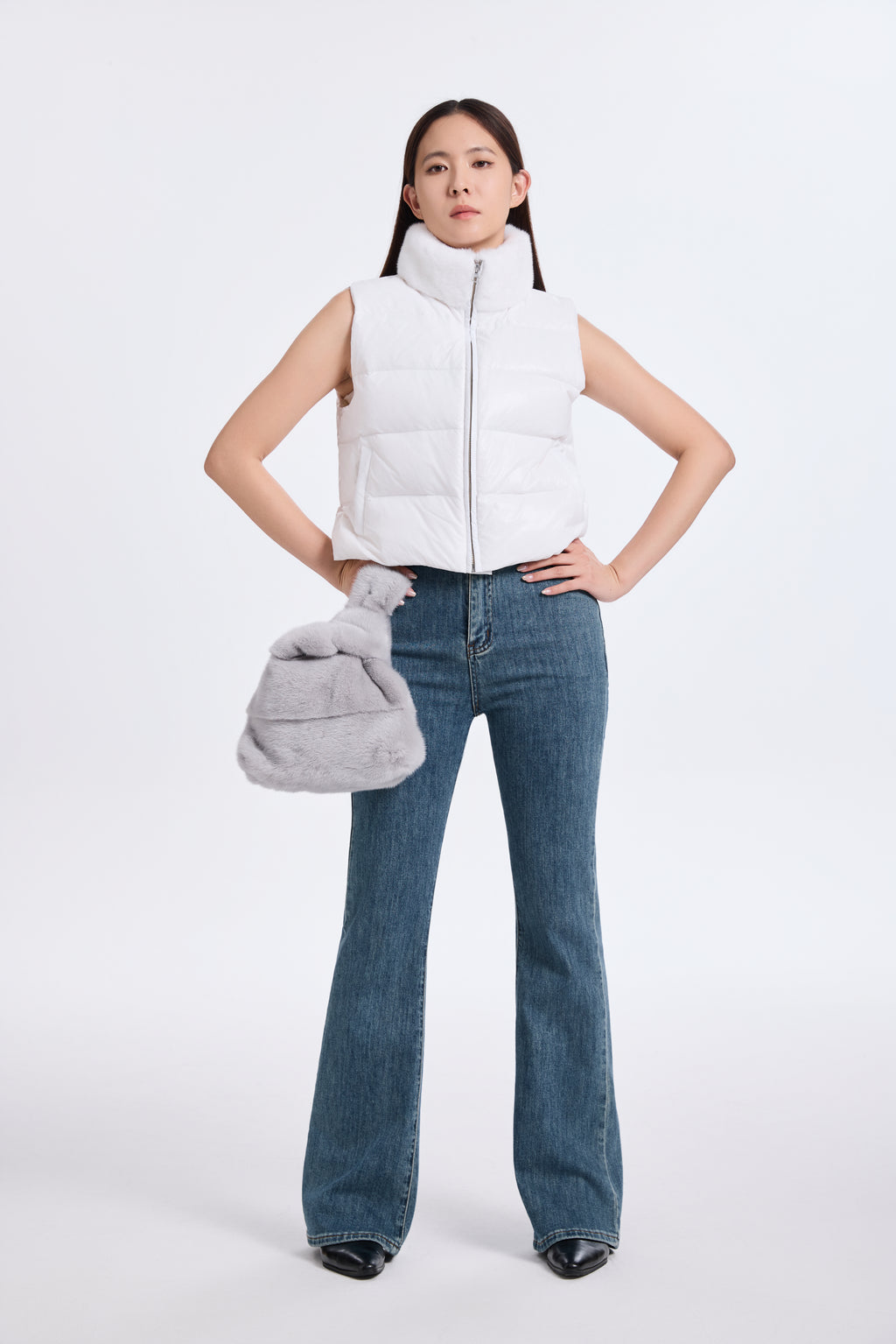 White Down Vest With  DTM Mink Collar