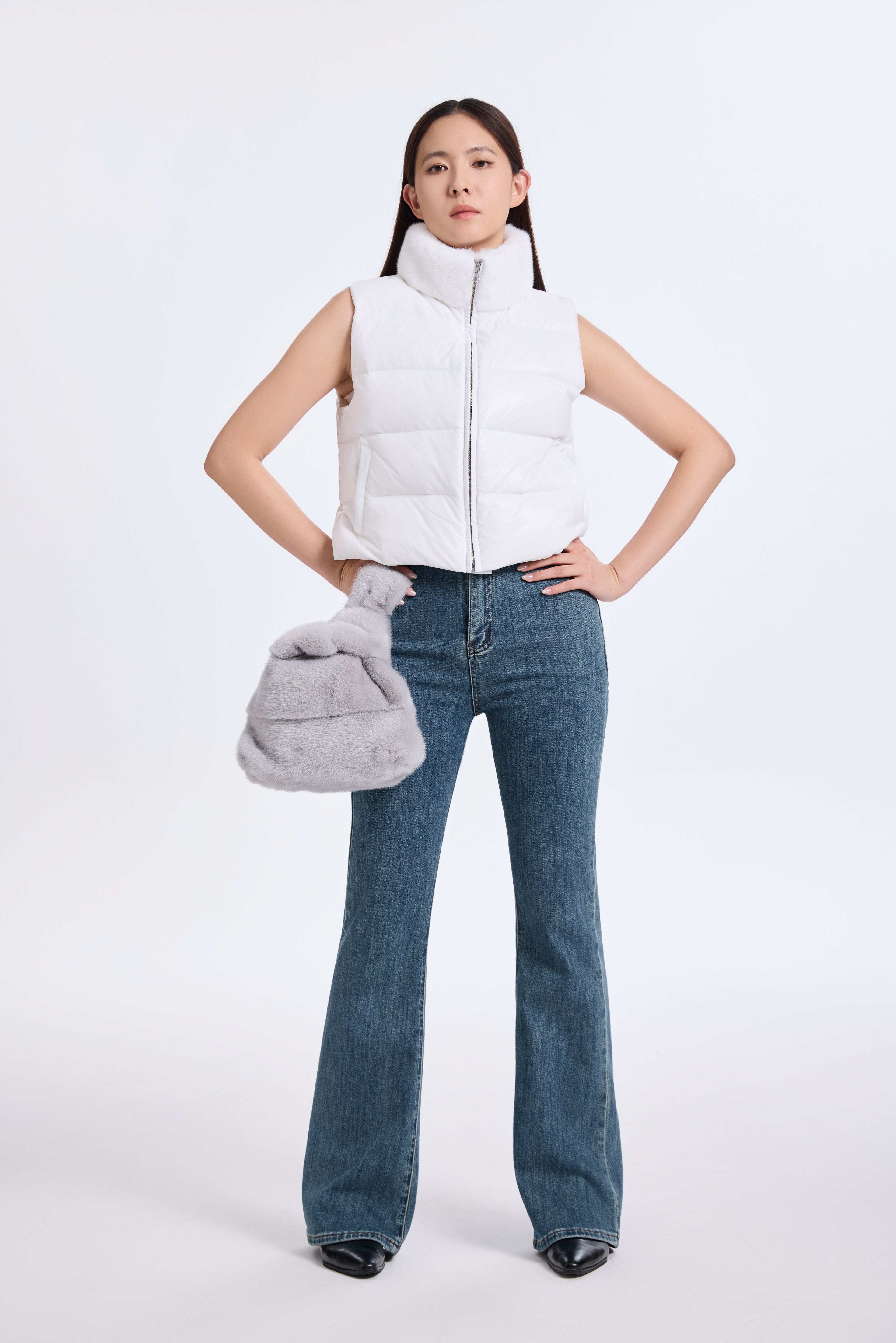 White Down Vest With  DTM Mink Collar