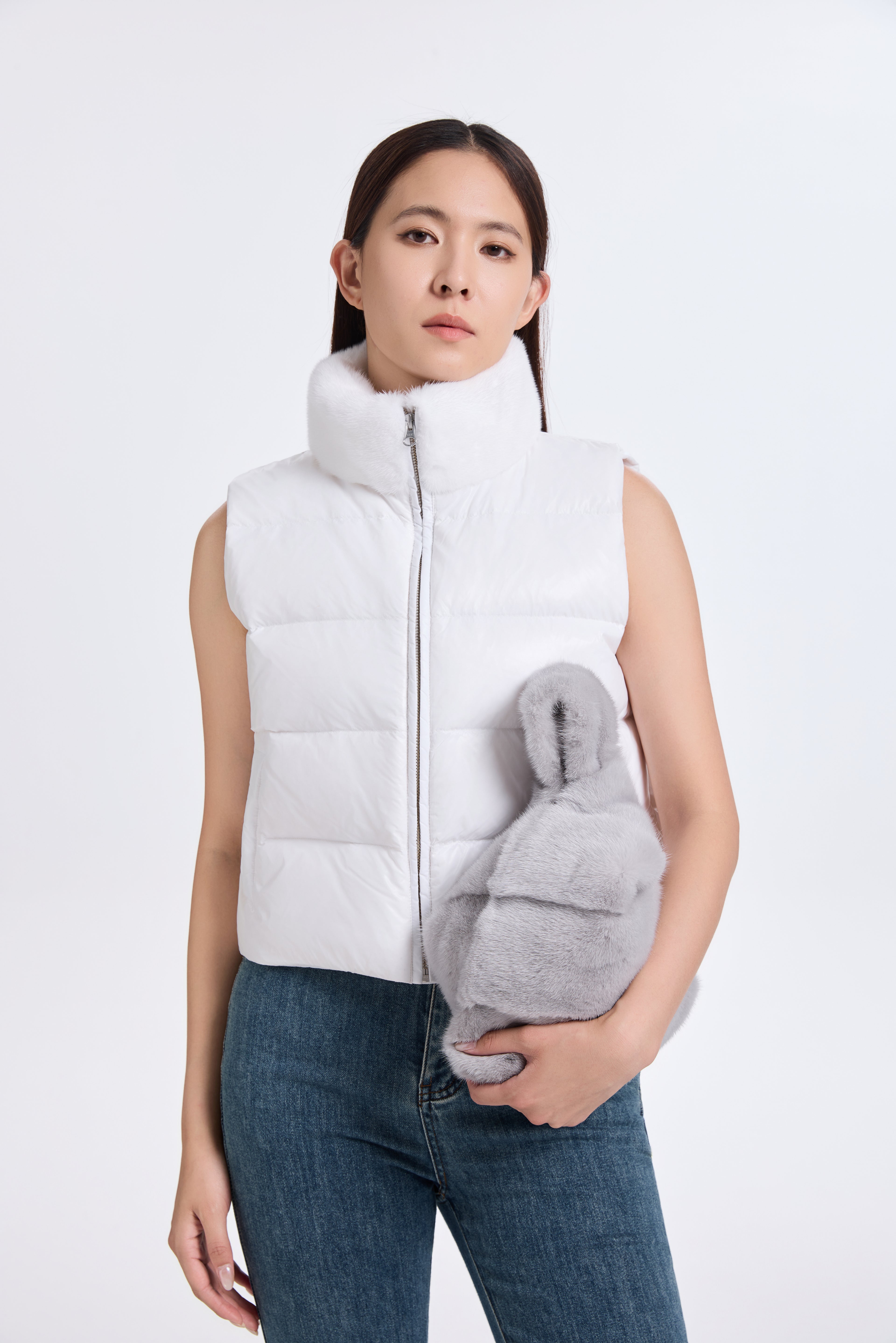 White Down Vest With  DTM Mink Collar