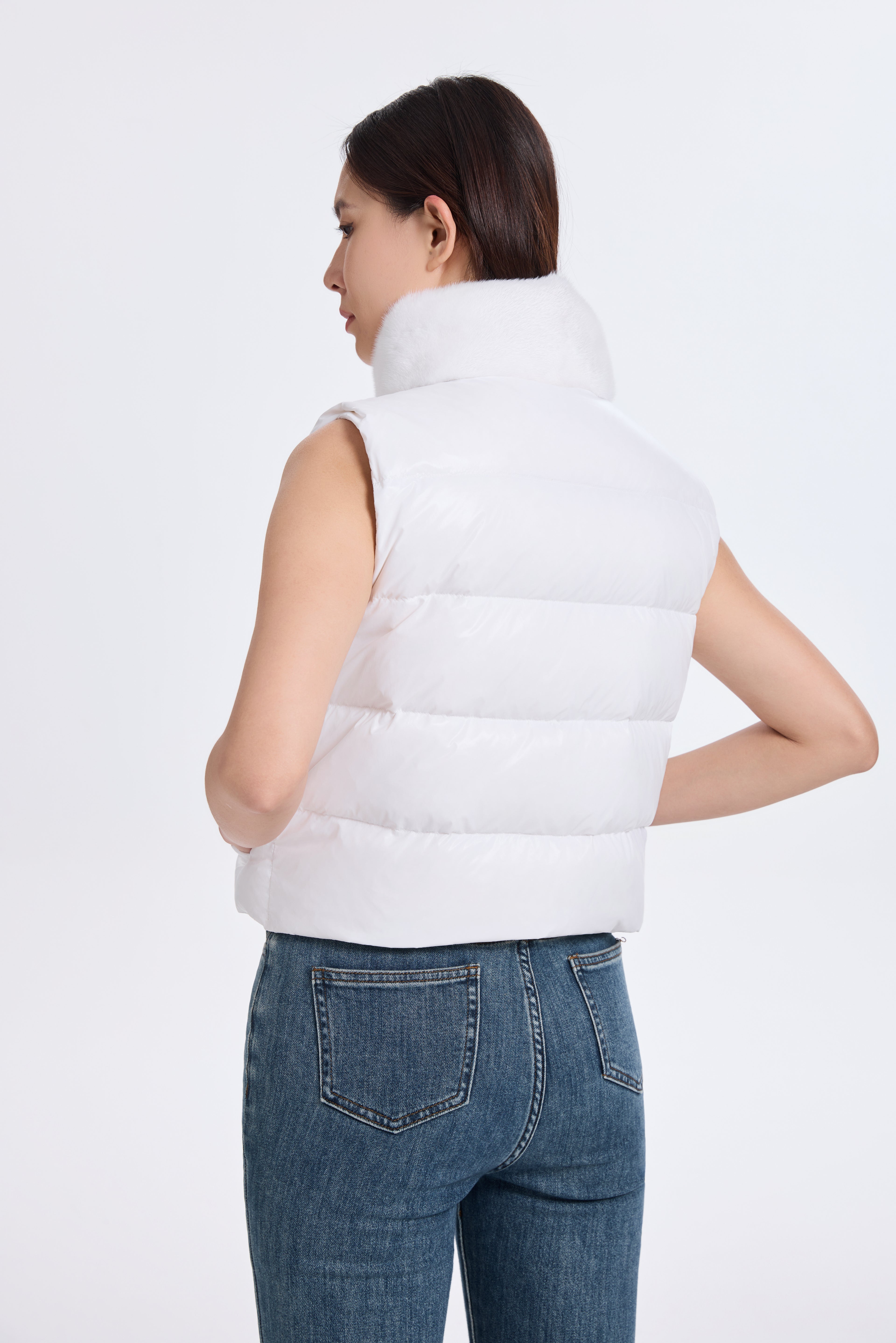 White Down Vest With  DTM Mink Collar