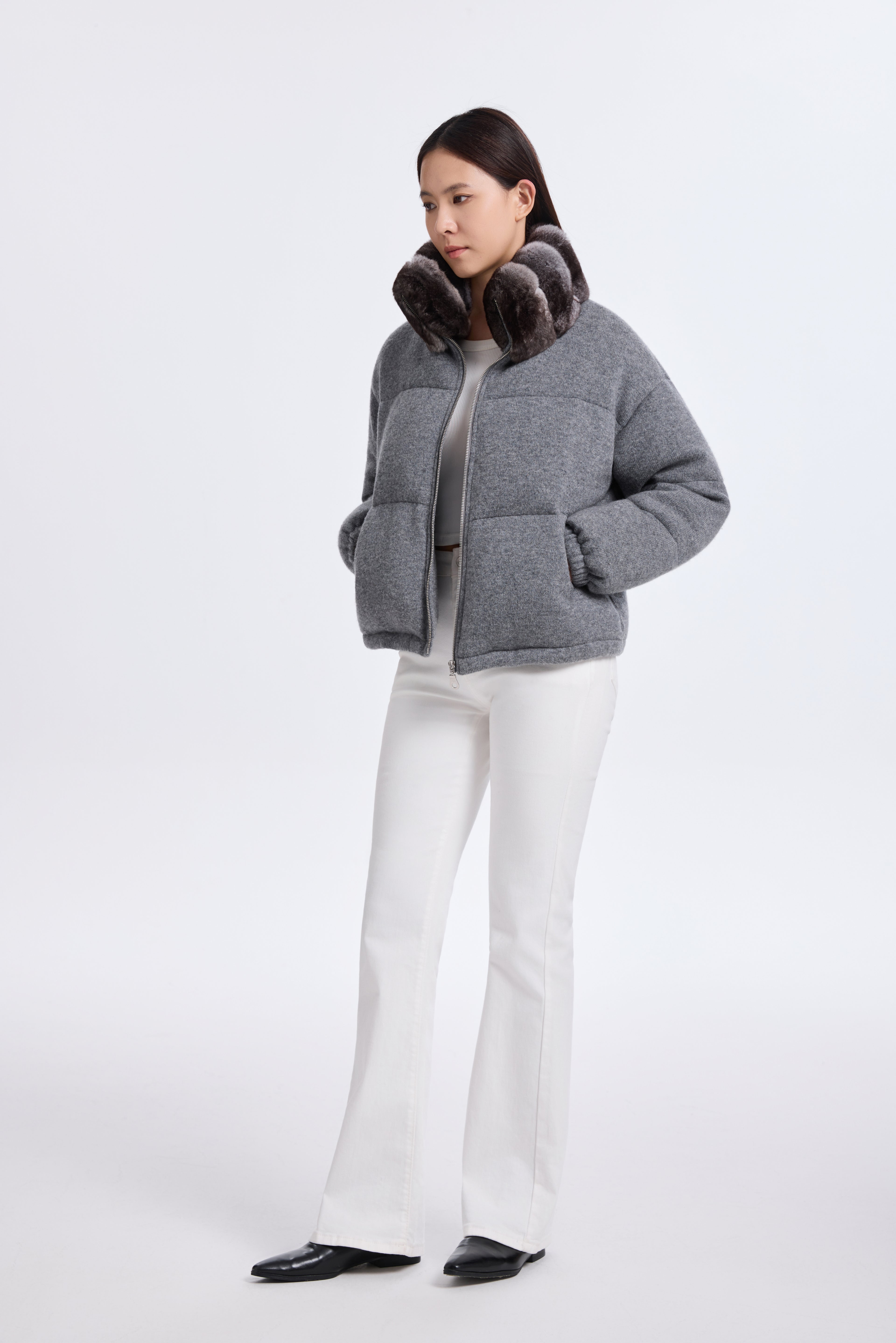 Smoke Knitted Puffer With Chinchilla Collar