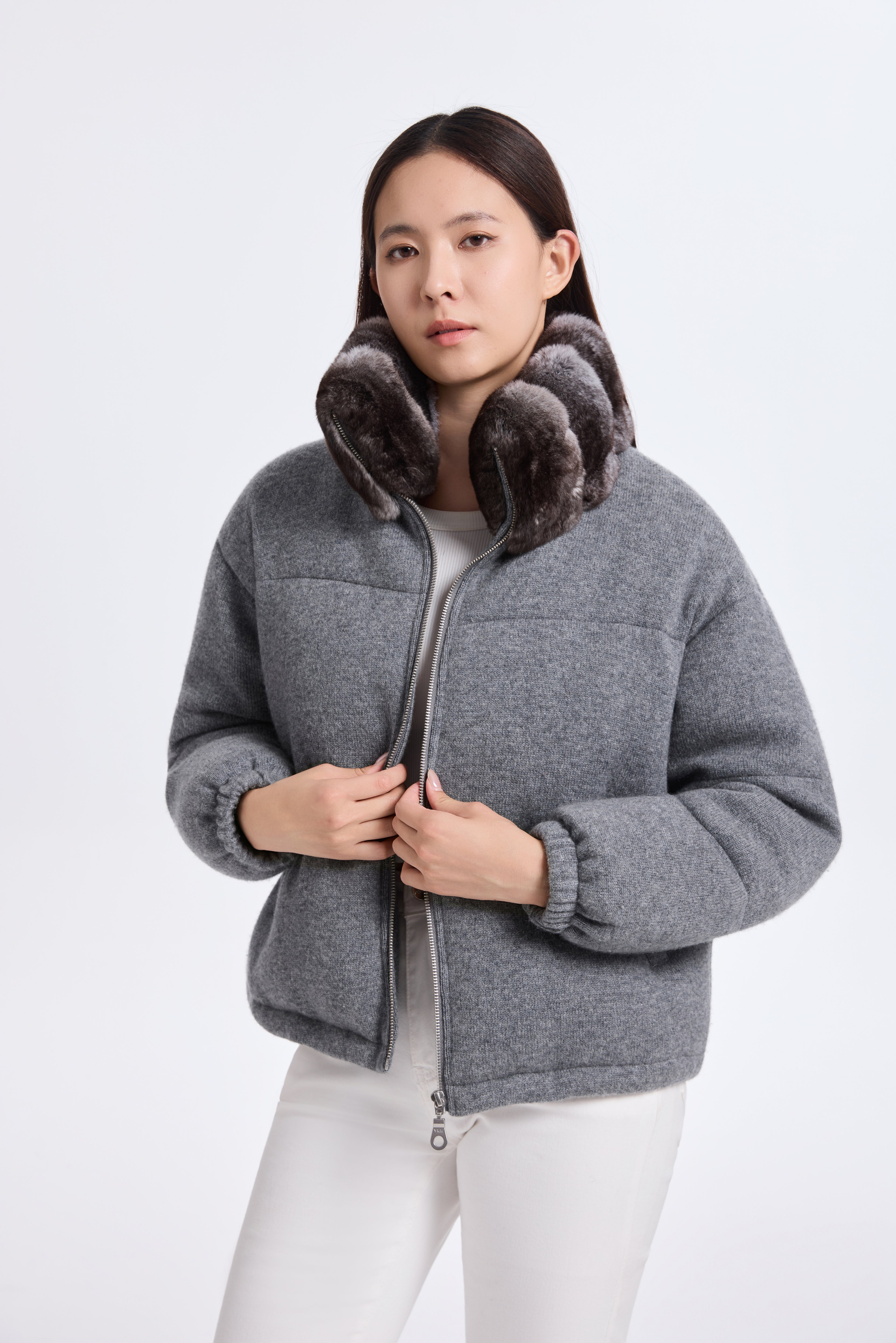 Smoke Knitted Puffer With Chinchilla Collar