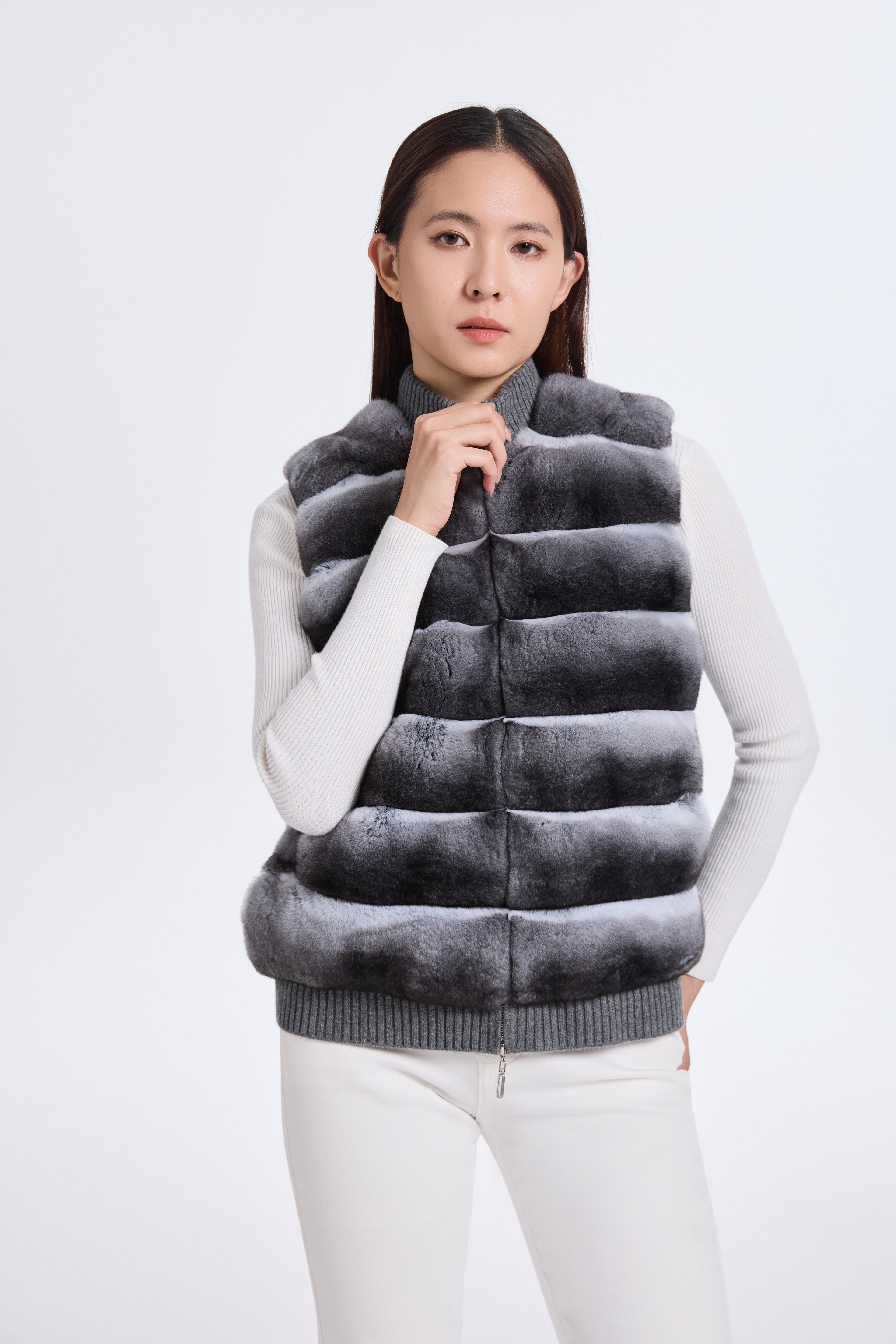 CHINCHILLA VEST WITH KNIT ON BACK