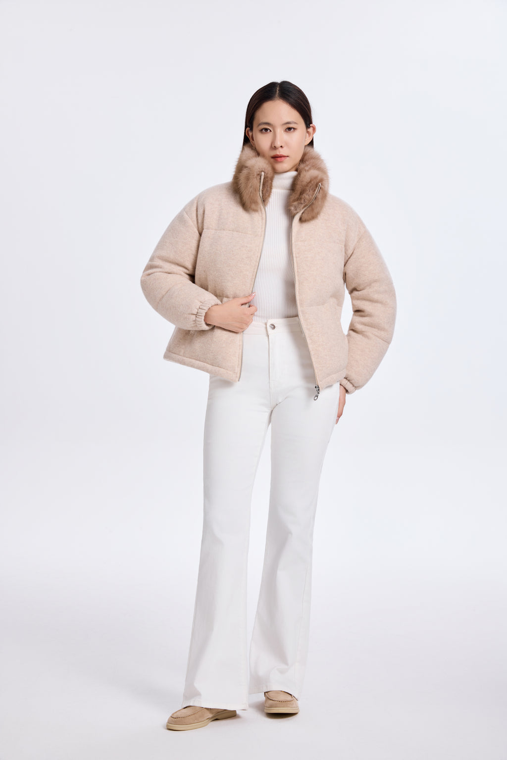 LIGHT BEIGE CASHMERE KNIT PADDED JACKET WITH SABLE COLLAR