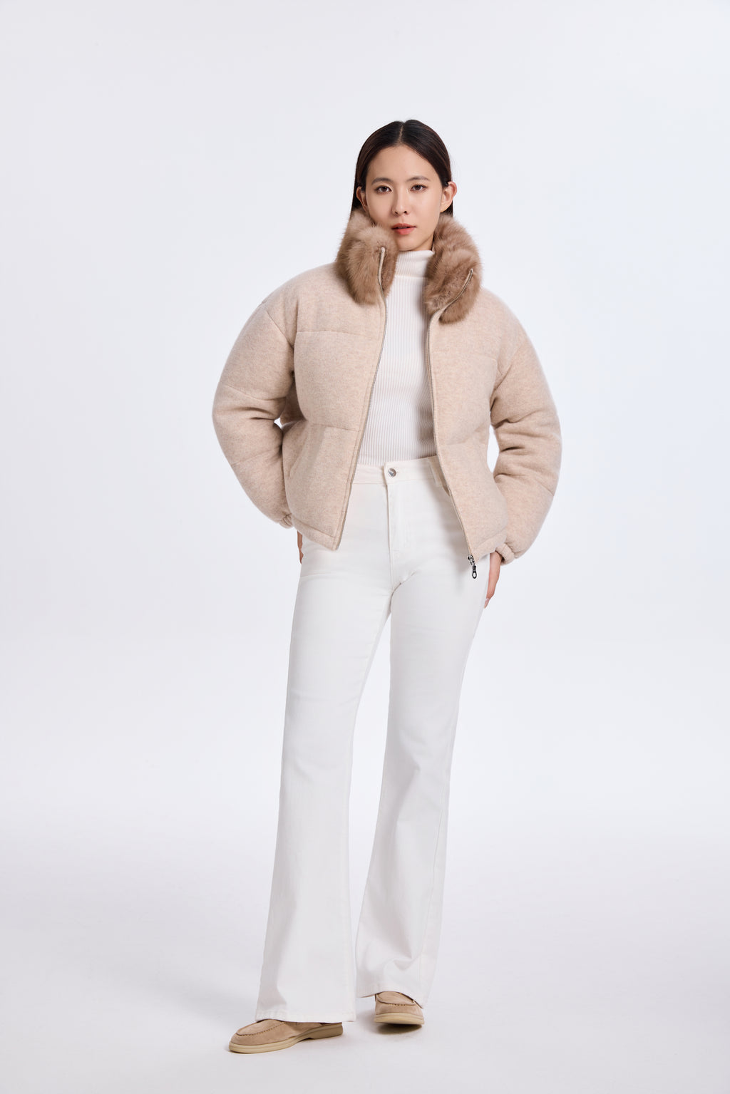 LIGHT BEIGE CASHMERE KNIT PADDED JACKET WITH SABLE COLLAR