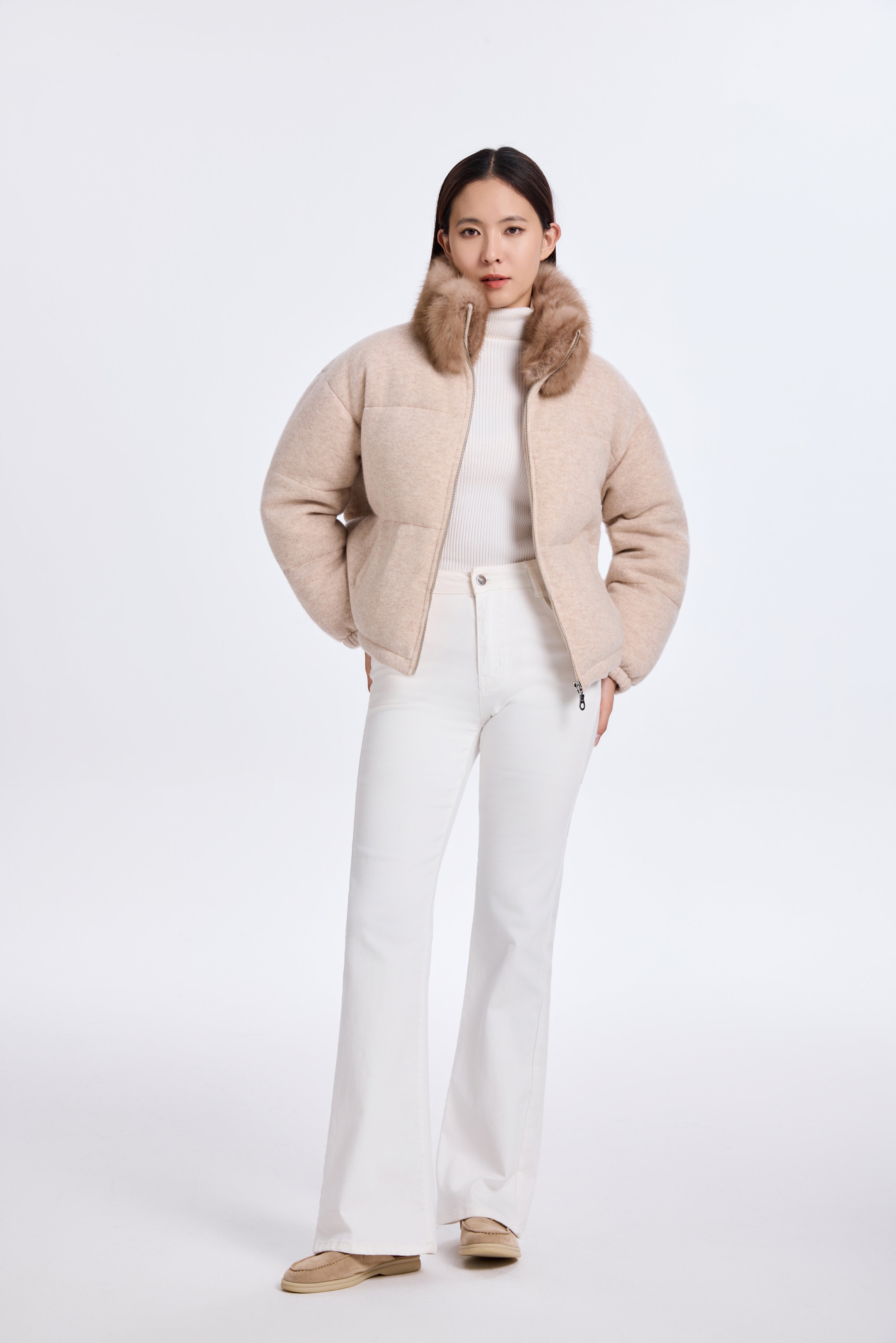 LIGHT BEIGE CASHMERE KNIT PADDED JACKET WITH SABLE COLLAR