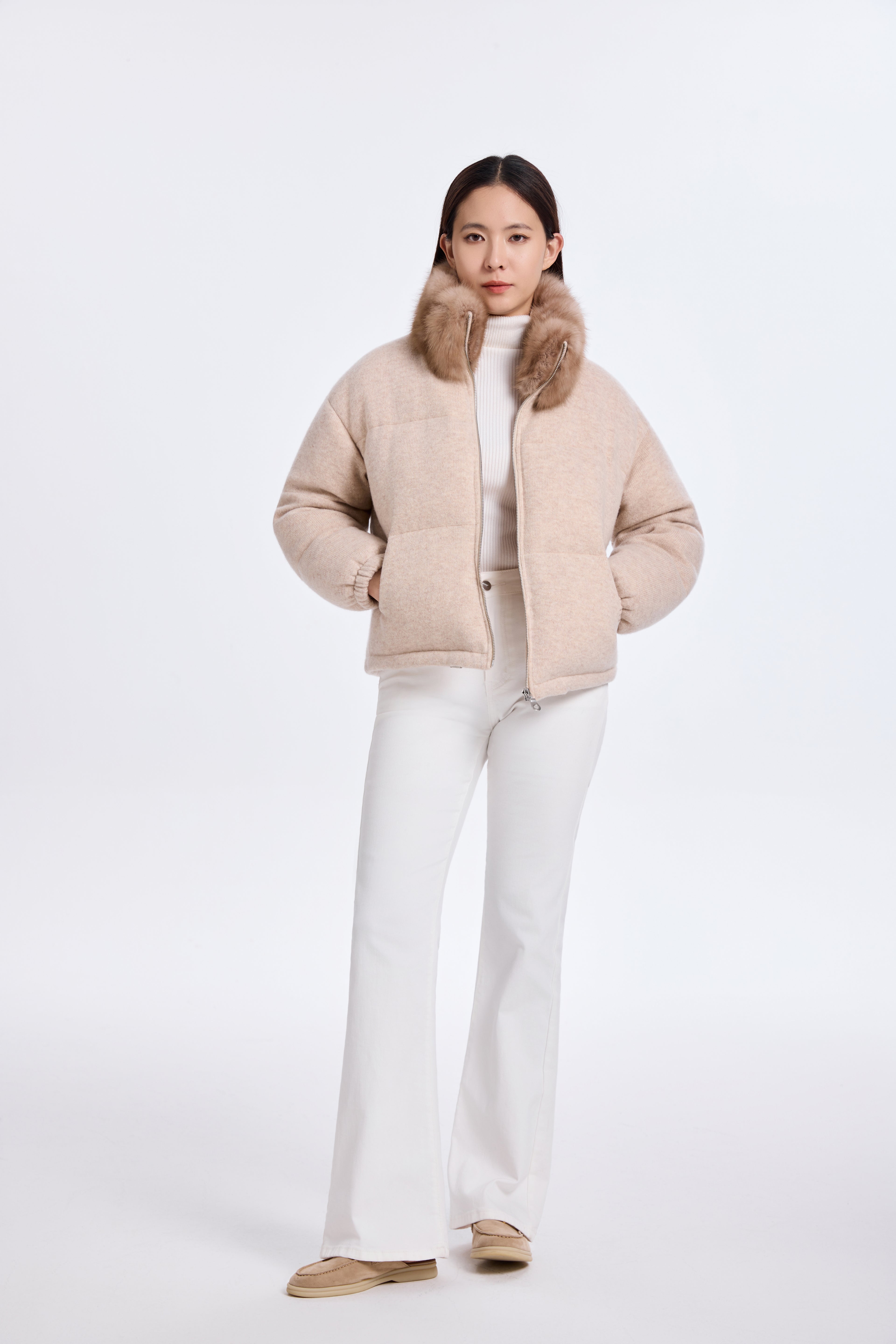 LIGHT BEIGE CASHMERE KNIT PADDED JACKET WITH SABLE COLLAR