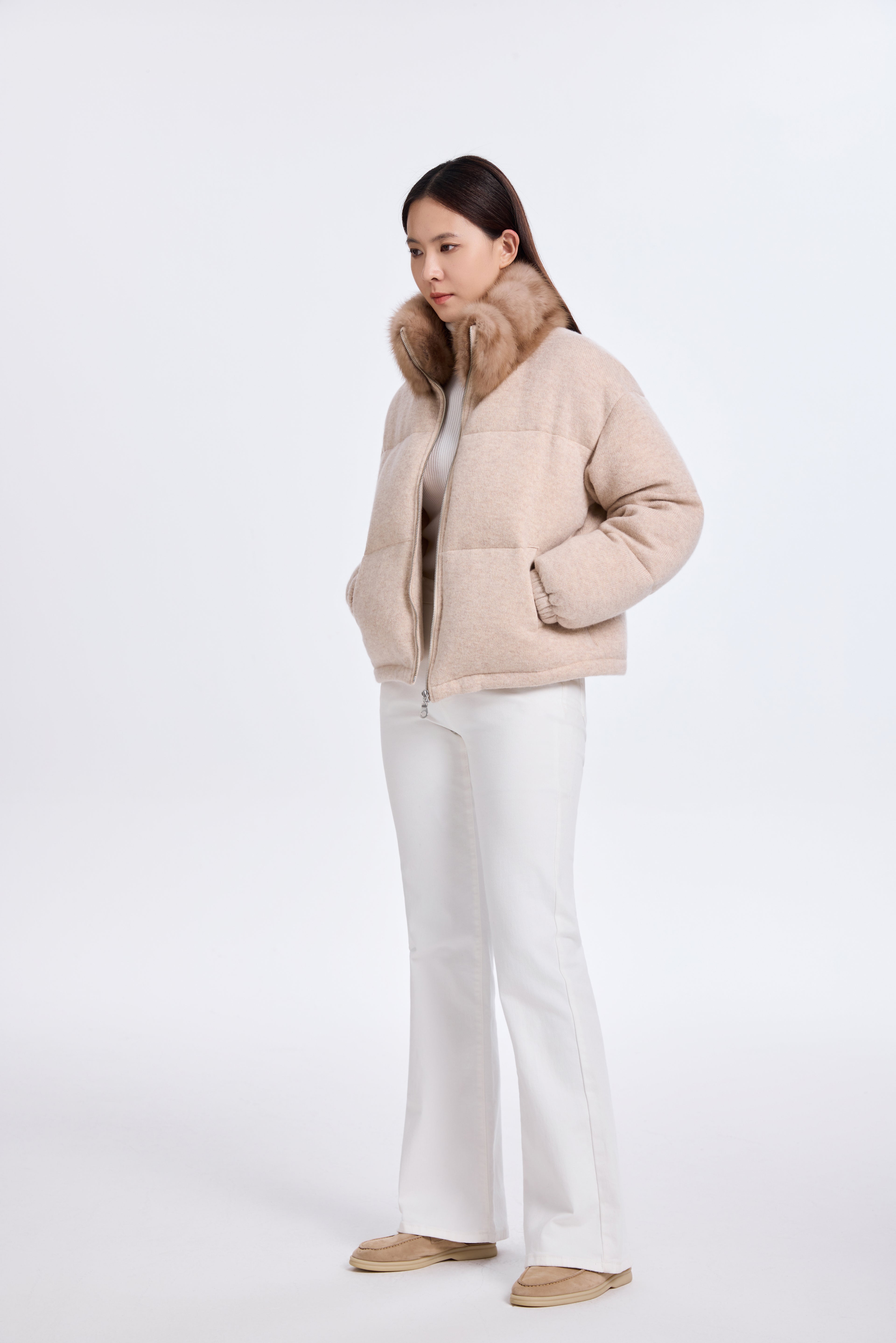 LIGHT BEIGE CASHMERE KNIT PADDED JACKET WITH SABLE COLLAR